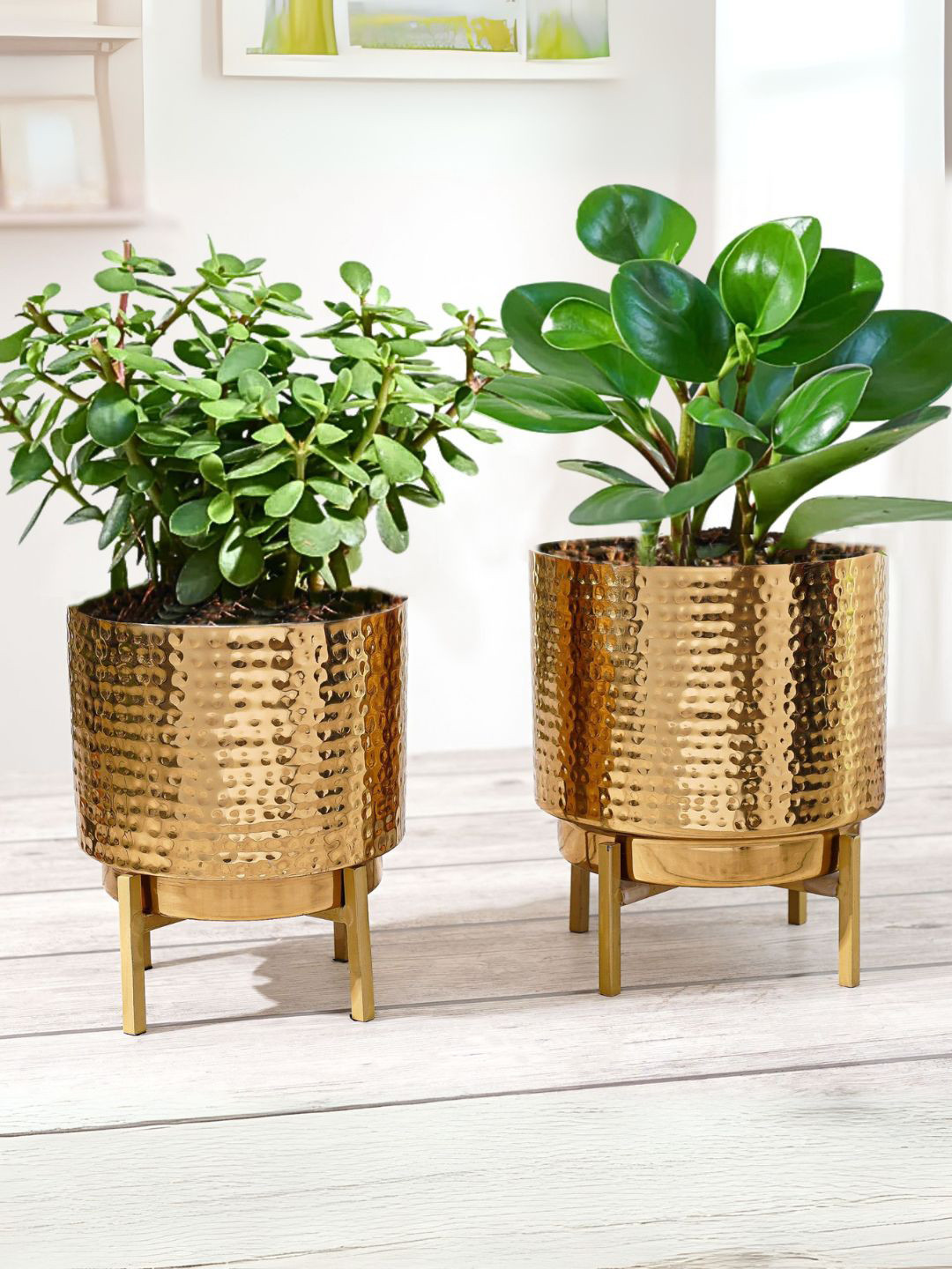 BEHOMA Gold Toned Set of 2 Small & Medium Hammered Metal Planter With Stand