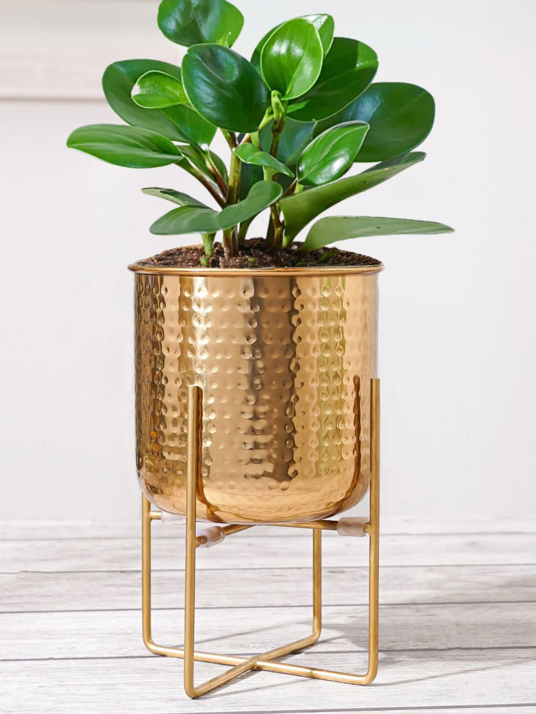 BEHOMA Small Golden Hammered Metal Planter With Stand