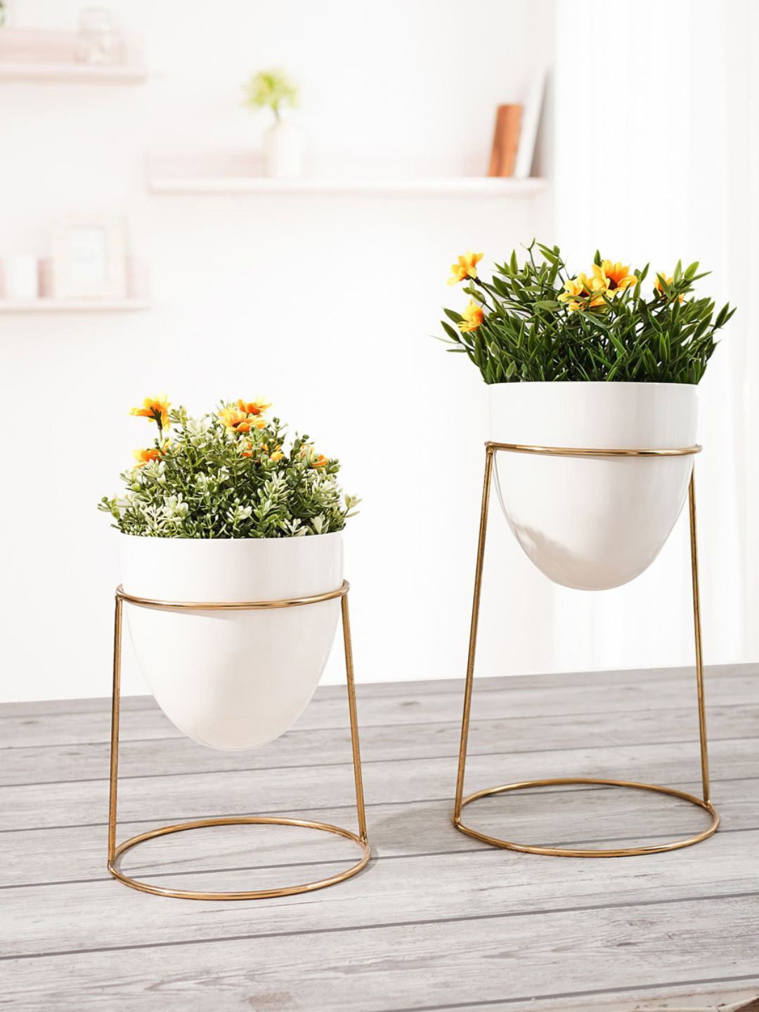 BEHOMA Set of 2 White & Gold Toned Metal Planters & Stand without Plant