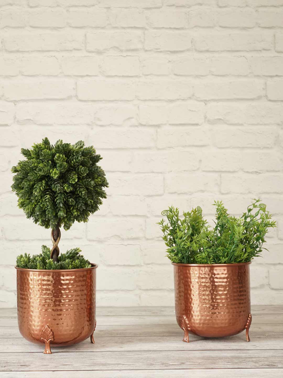 BEHOMA Copper Toned Small Set of 2 Hammered Metal Planter With Leaf leg