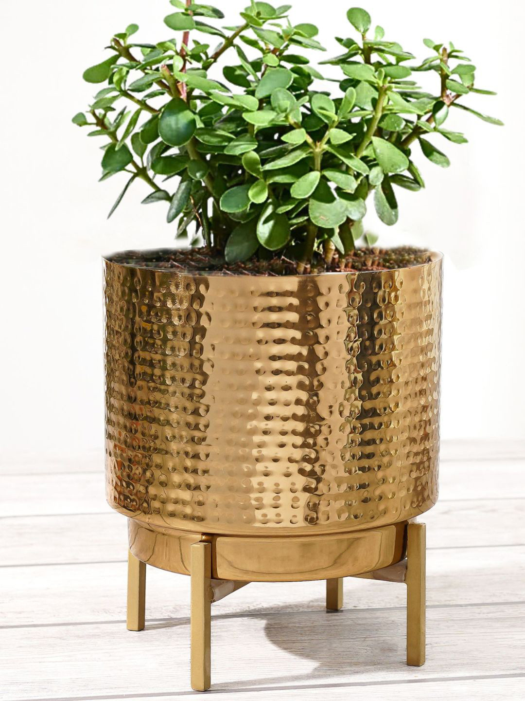 BEHOMA Gold Toned Medium Hammered Metal Planter With Stand