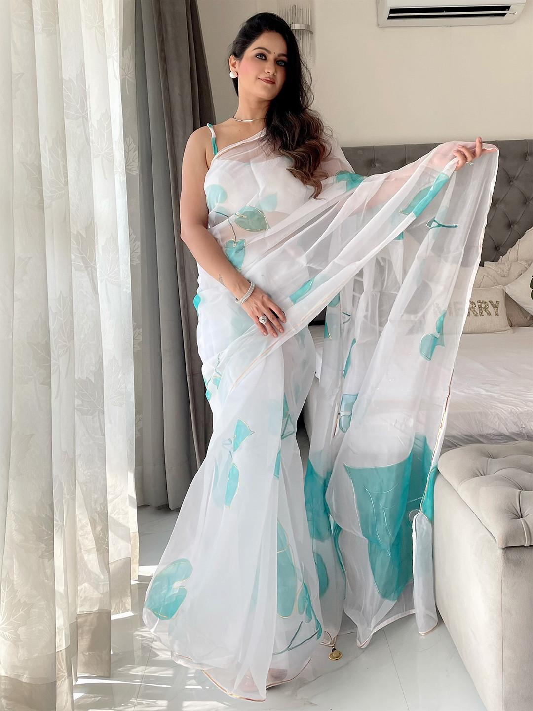 Anouk White & White Floral Printed Organza Saree