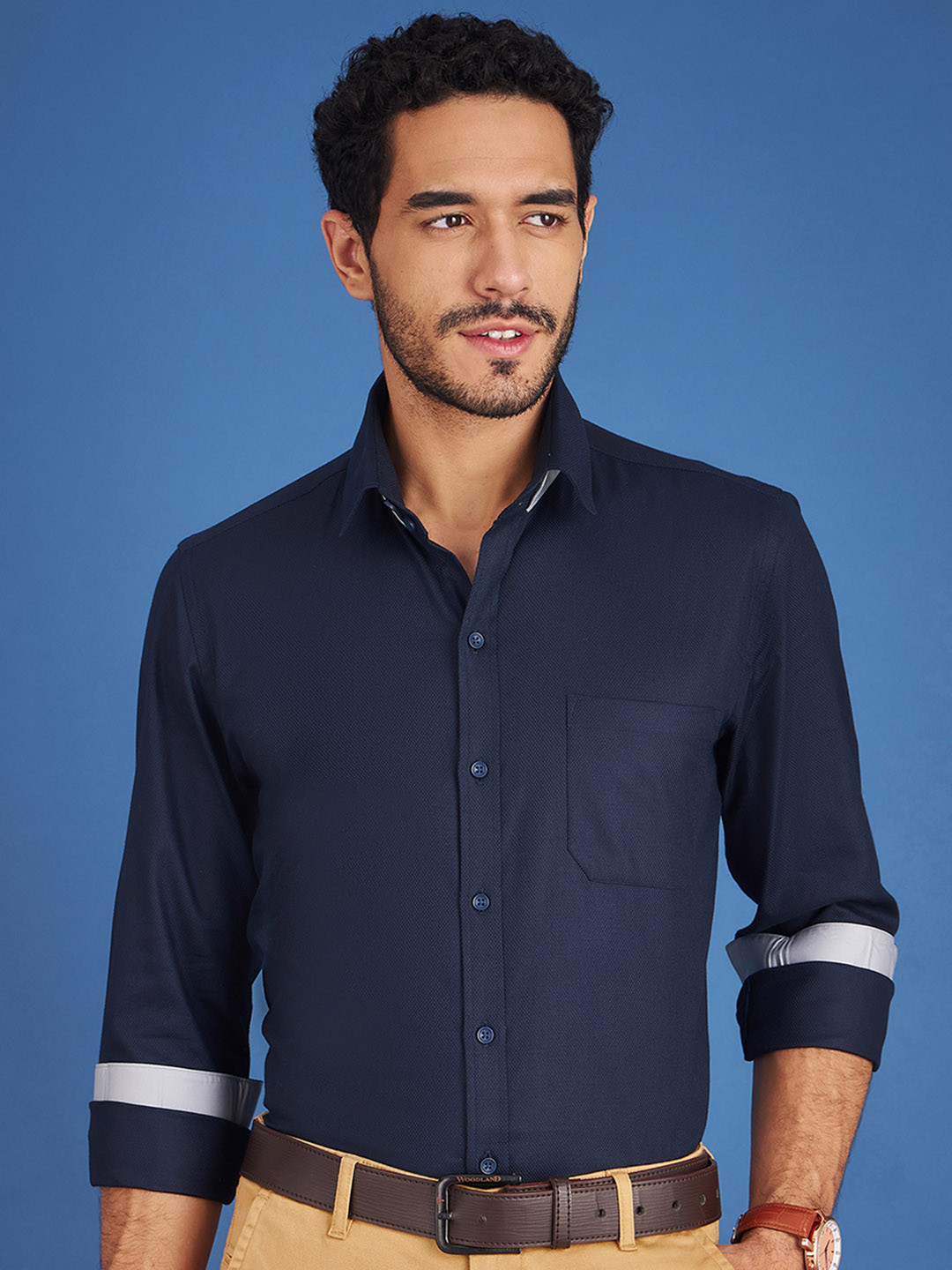 LOUIS STITCH Comfort Opaque Spread Collar Chest Pocket Cotton Semiformal Shirt