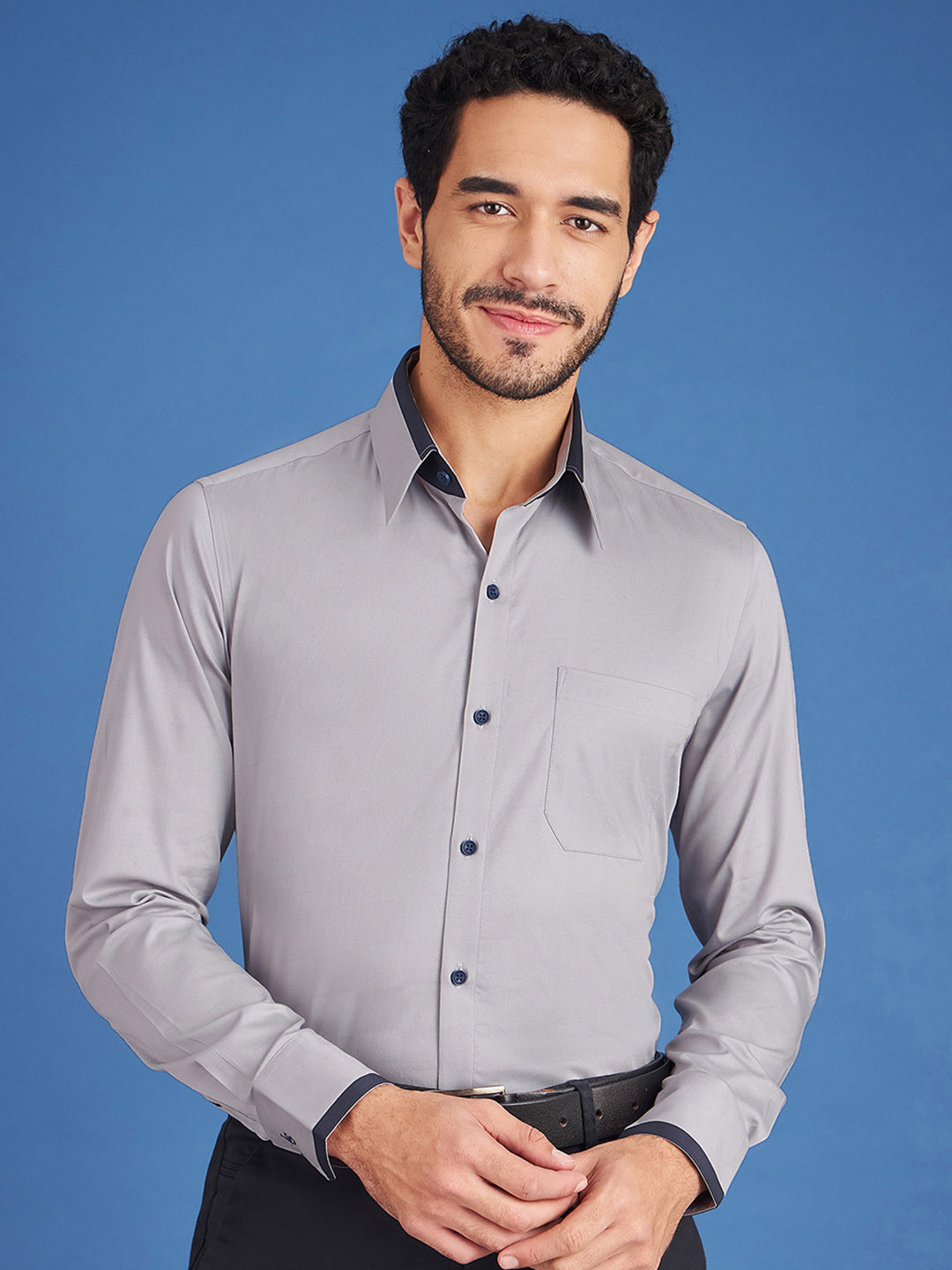LOUIS STITCH Comfort Opaque Spread Collar Chest Pocket Cotton Semiformal Shirt
