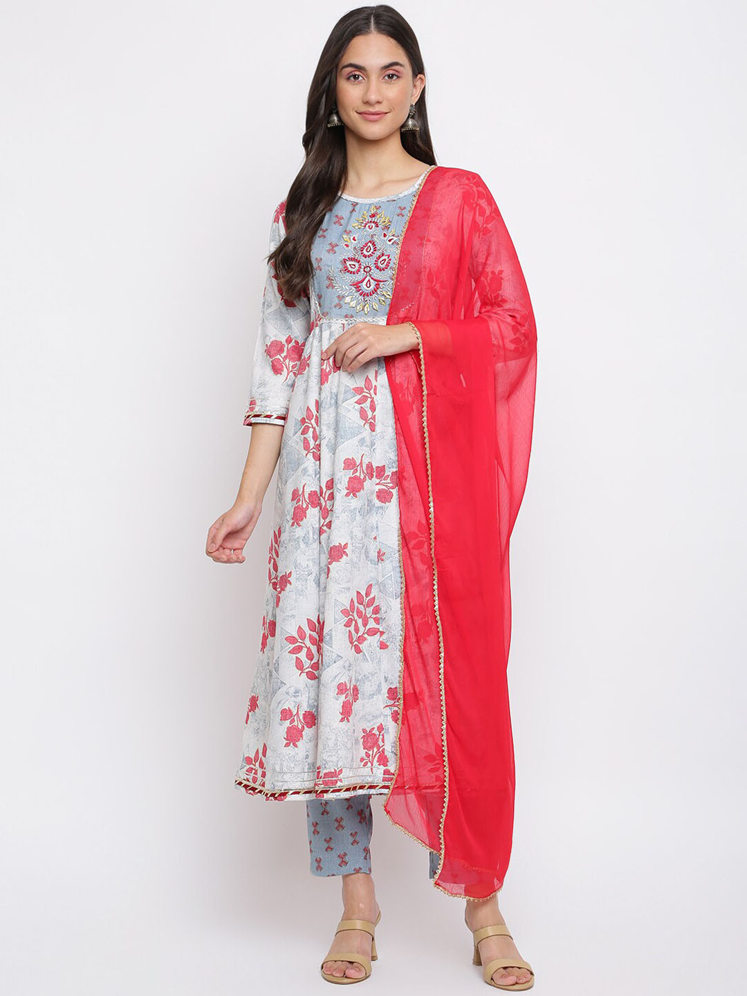 INDIAN KNOTS Floral Printed Pure Cotton Kurta With Palazzos & Dupatta
