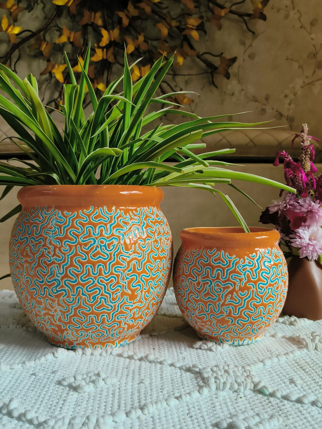 NIYARA Blue & Orange 2 Pieces Printed Ceramic Planters