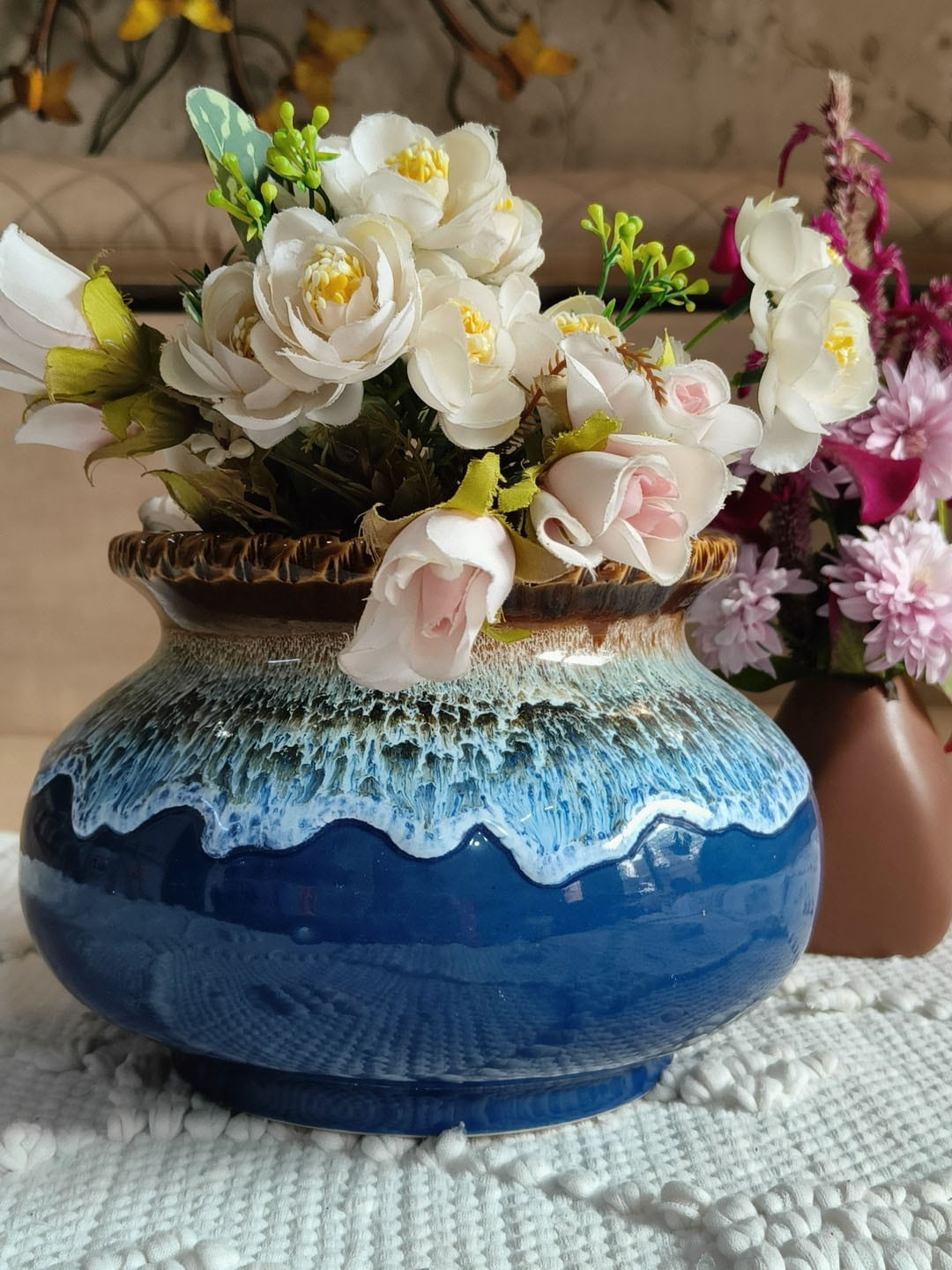 NIYARA Blue & Beige Printed Matki Planter