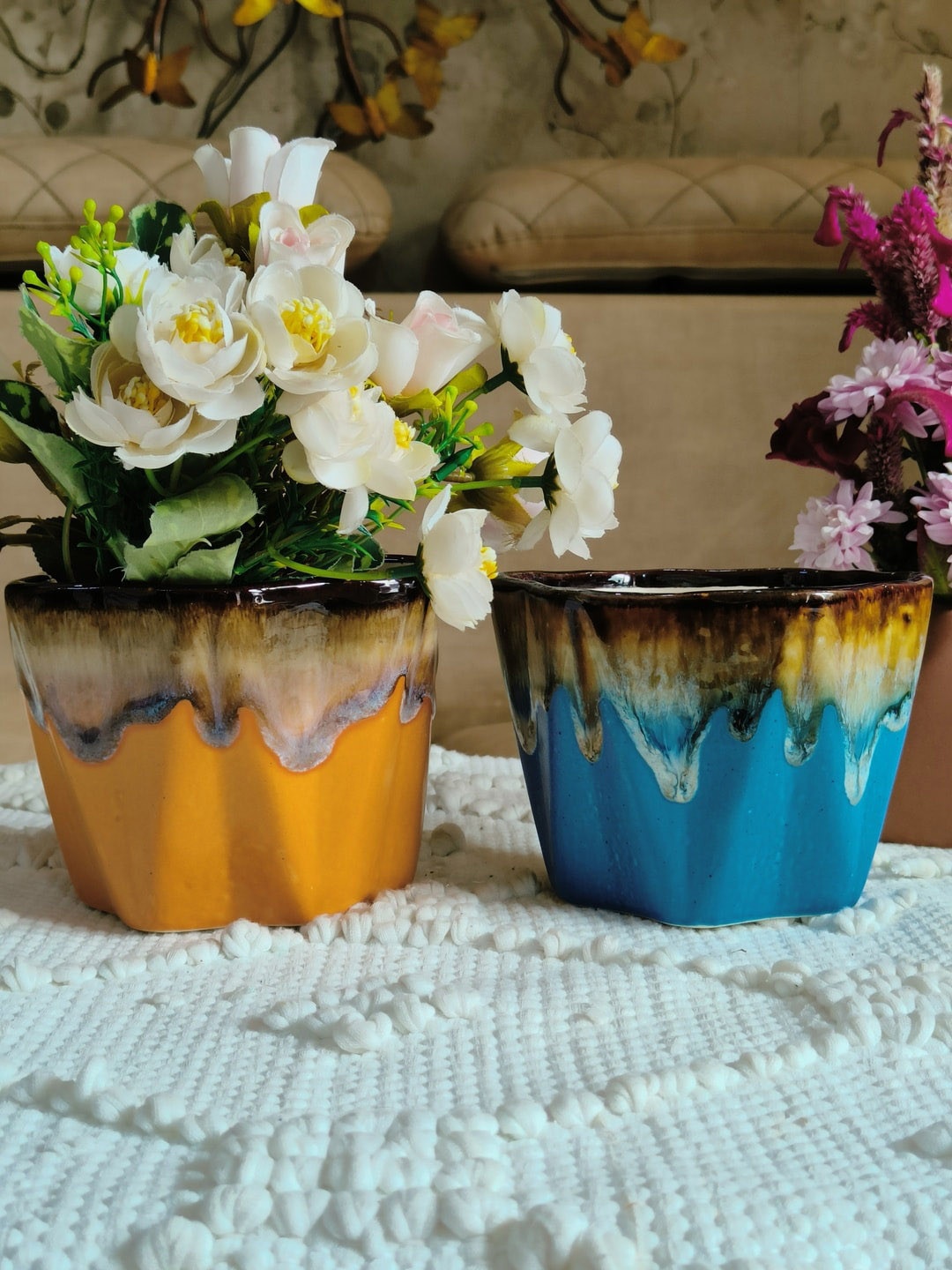 NIYARA Orange & Blue 2 Pieces Printed Glacier Ceramic Planters