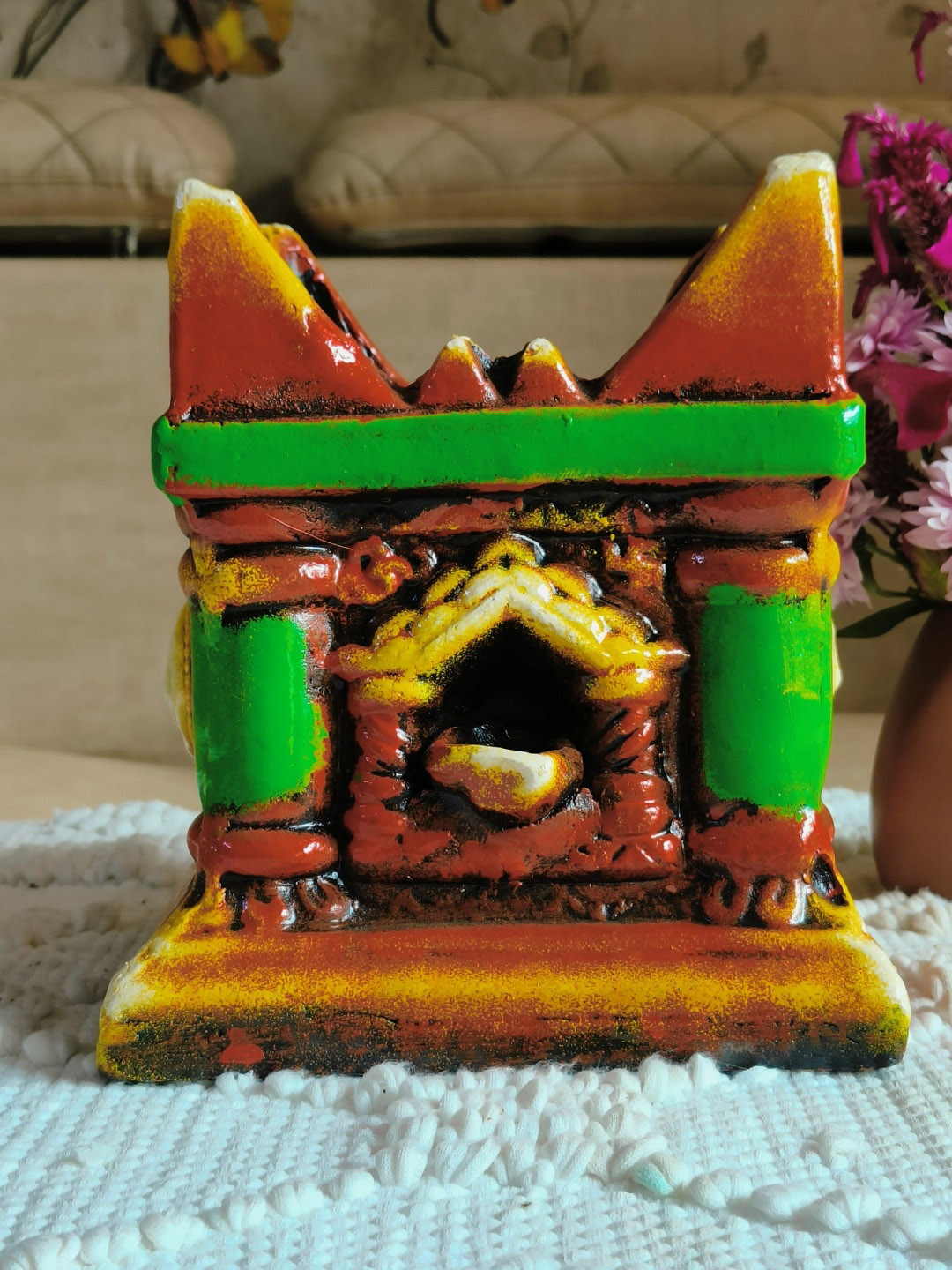 NIYARA Brown & Green Printed Terracotta Tulsi Planter