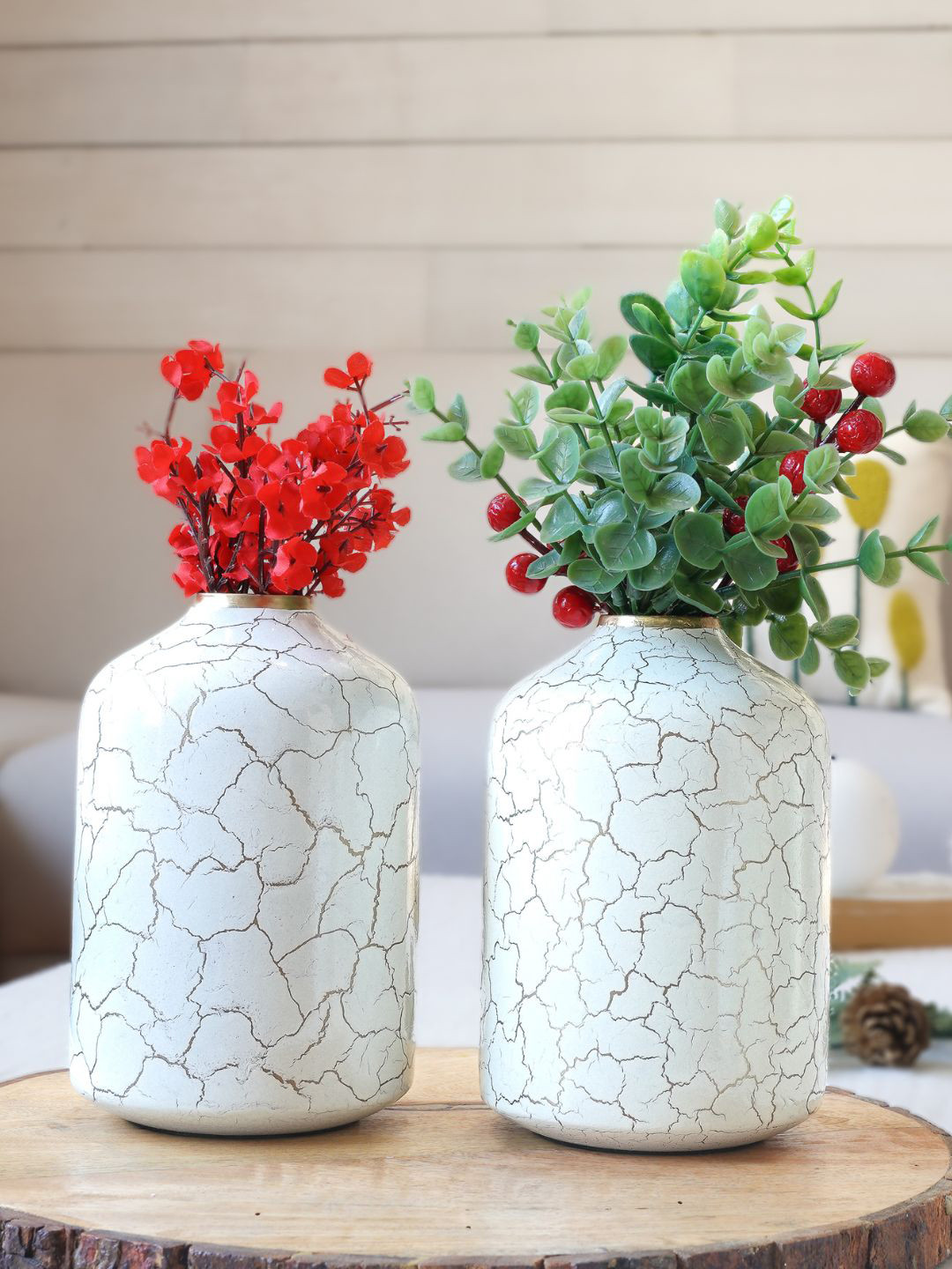 BEHOMA Set Of 2 Crackled Off White Metal Bud Shape Flower Vase