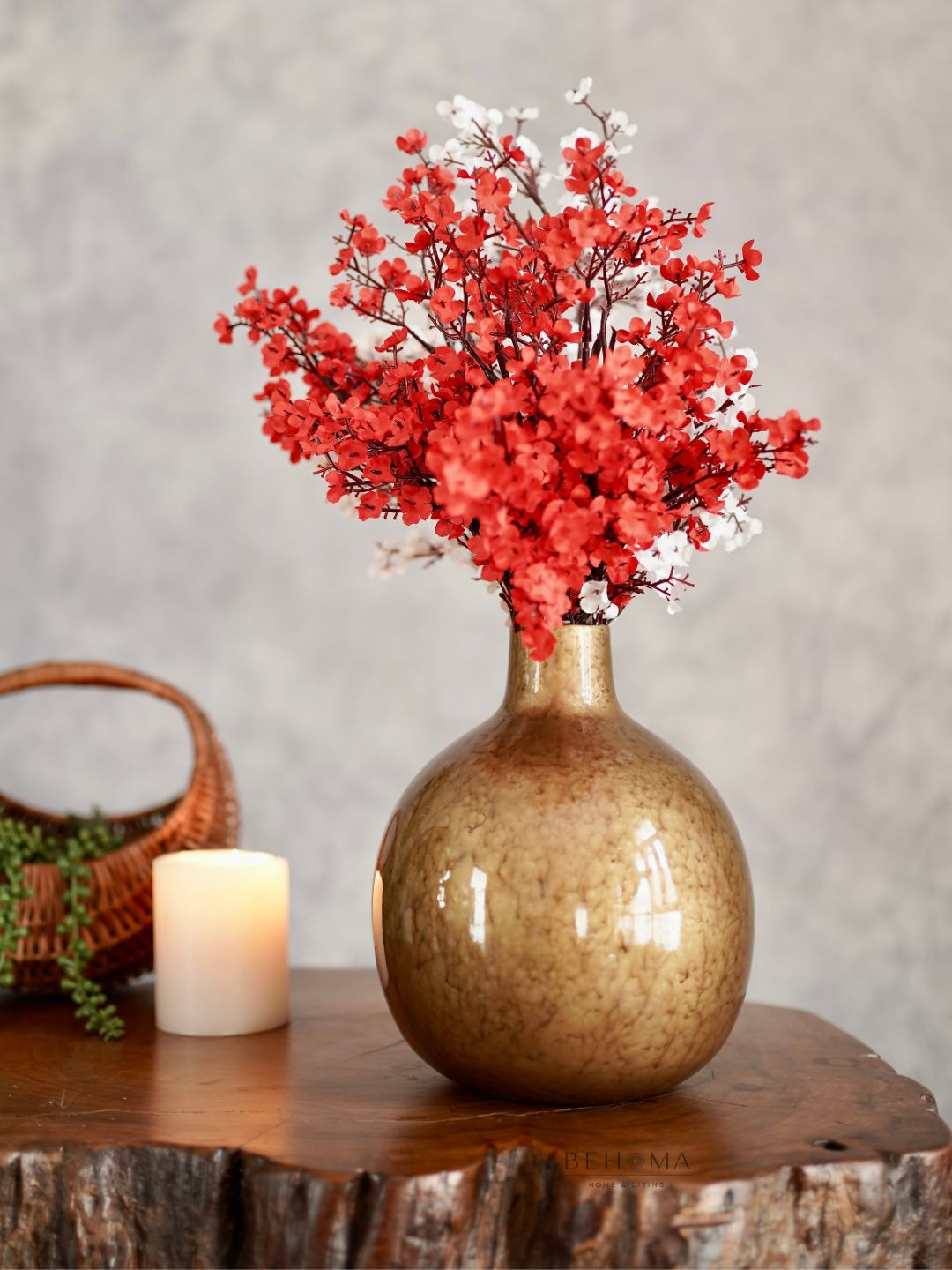 BEHOMA Antique Golden Metal Round Shape Large Flower Vase