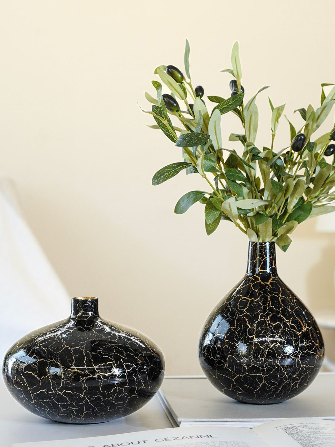 BEHOMA Metal Crackled Black Tall & Wide Flower Vase