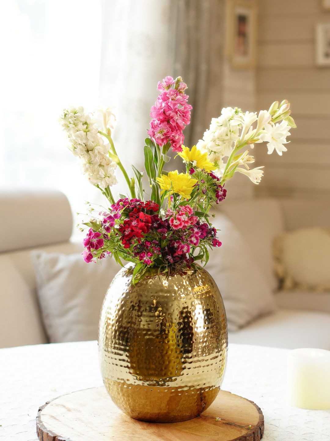 BEHOMA Golden Hammered Metal Oval Shape Flower Vase
