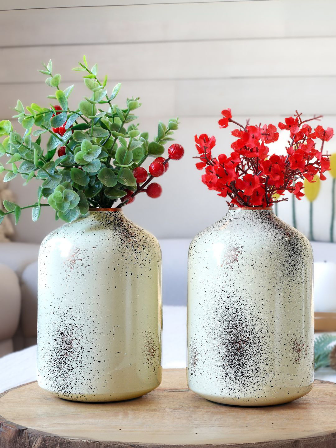 BEHOMA Set of 2 Off White Spotted Metal Flower Vase