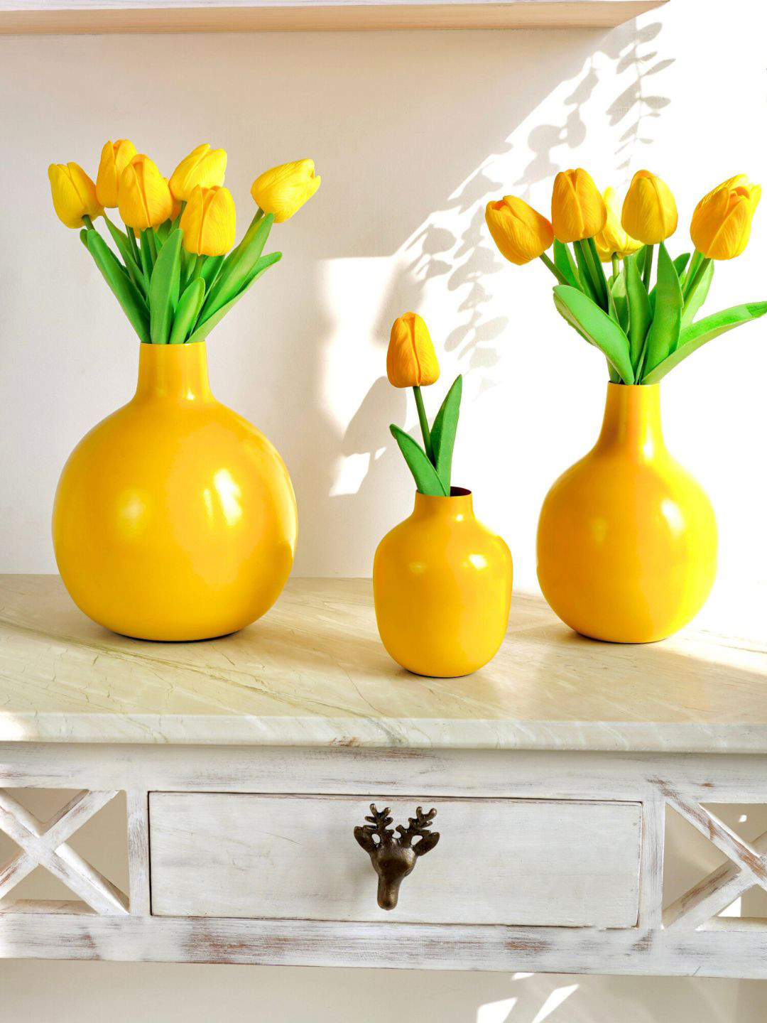 BEHOMA Set of 3 Sunshine Yellow Metal Flower Vase