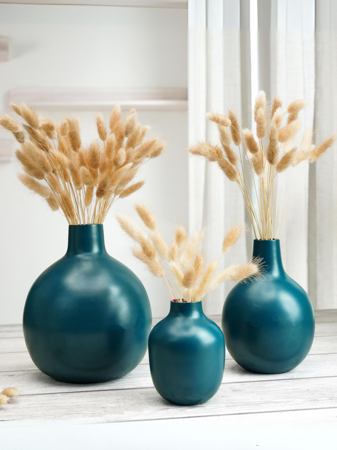 BEHOMA Opal Blue Metal Set of 3 Flower Vase