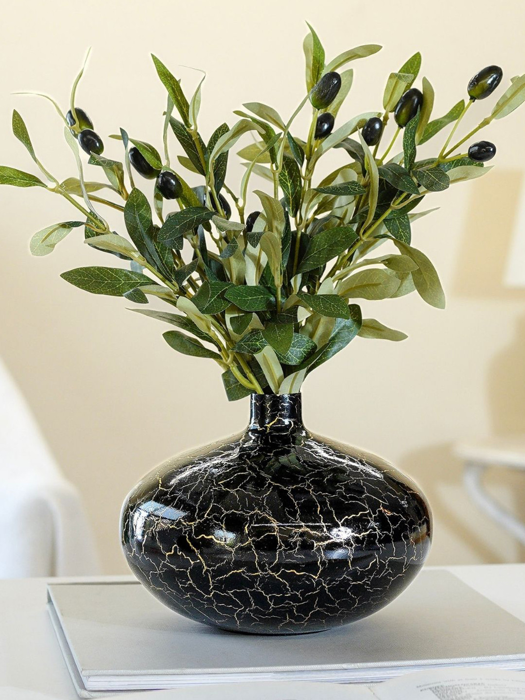 BEHOMA Metal Crackled Black Wide Flower Vase