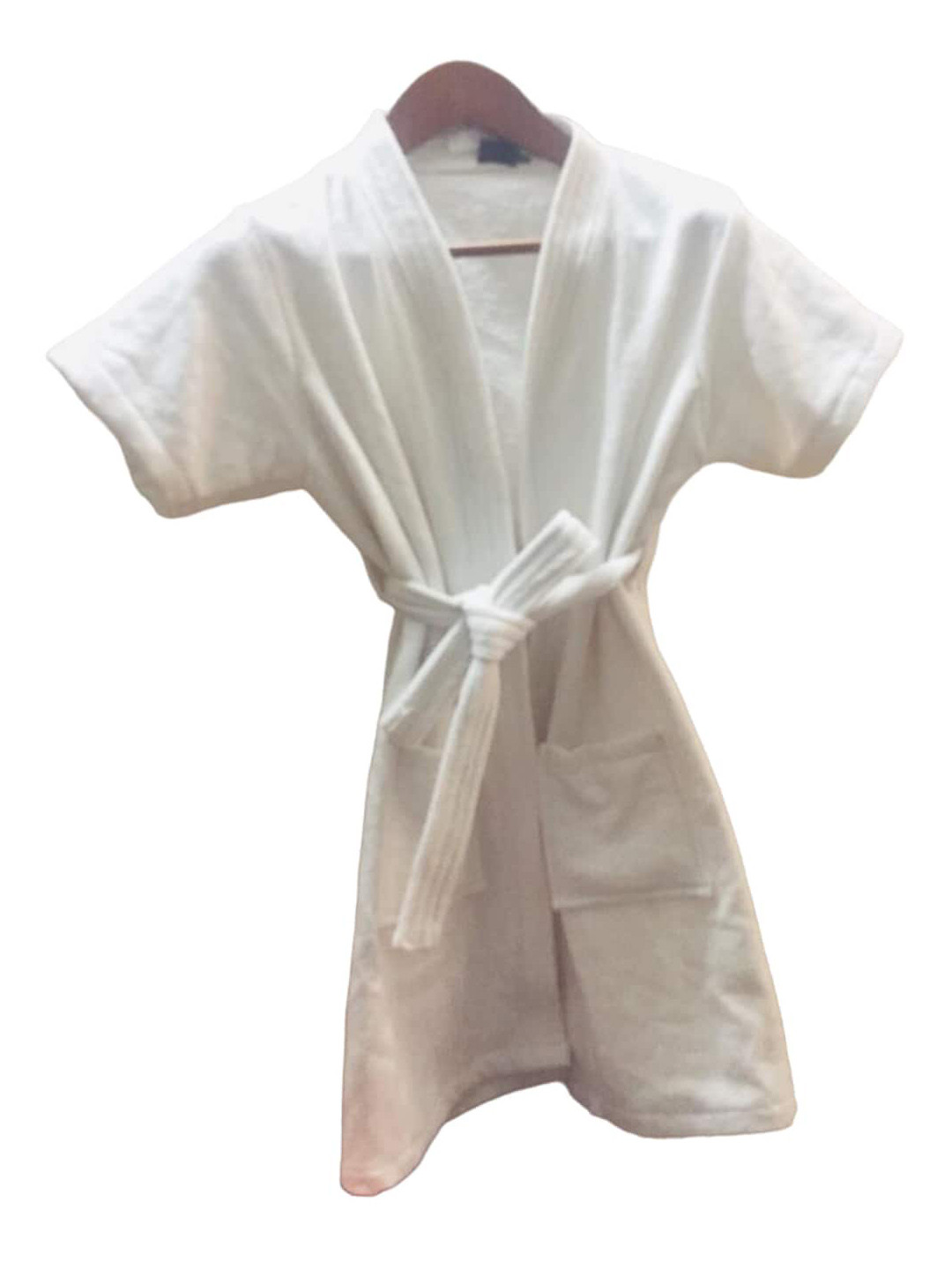 GAB White Solid Cotton Drawstring Knee Length Bath Robe-5-6Y