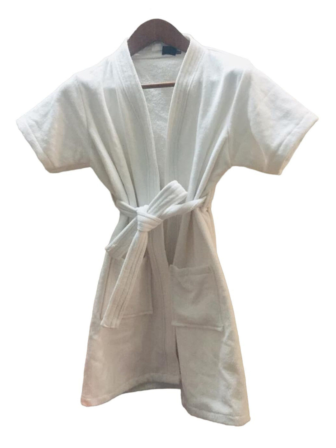 GAB White Solid Cotton Drawstring Knee Length Bath Robe