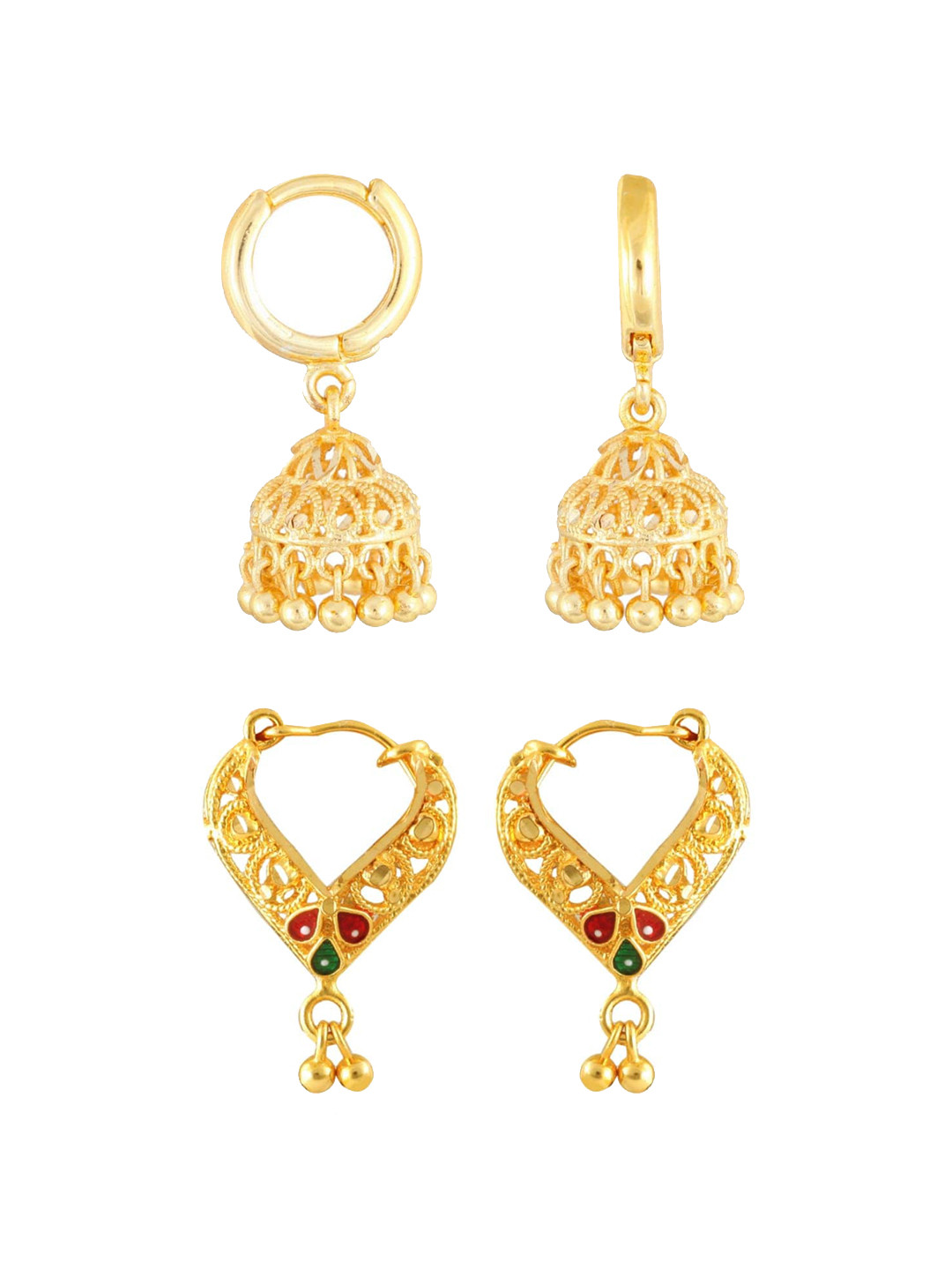 Vighnaharta Set of 2 Gold Plated Hoop Earrings & Jhumkas