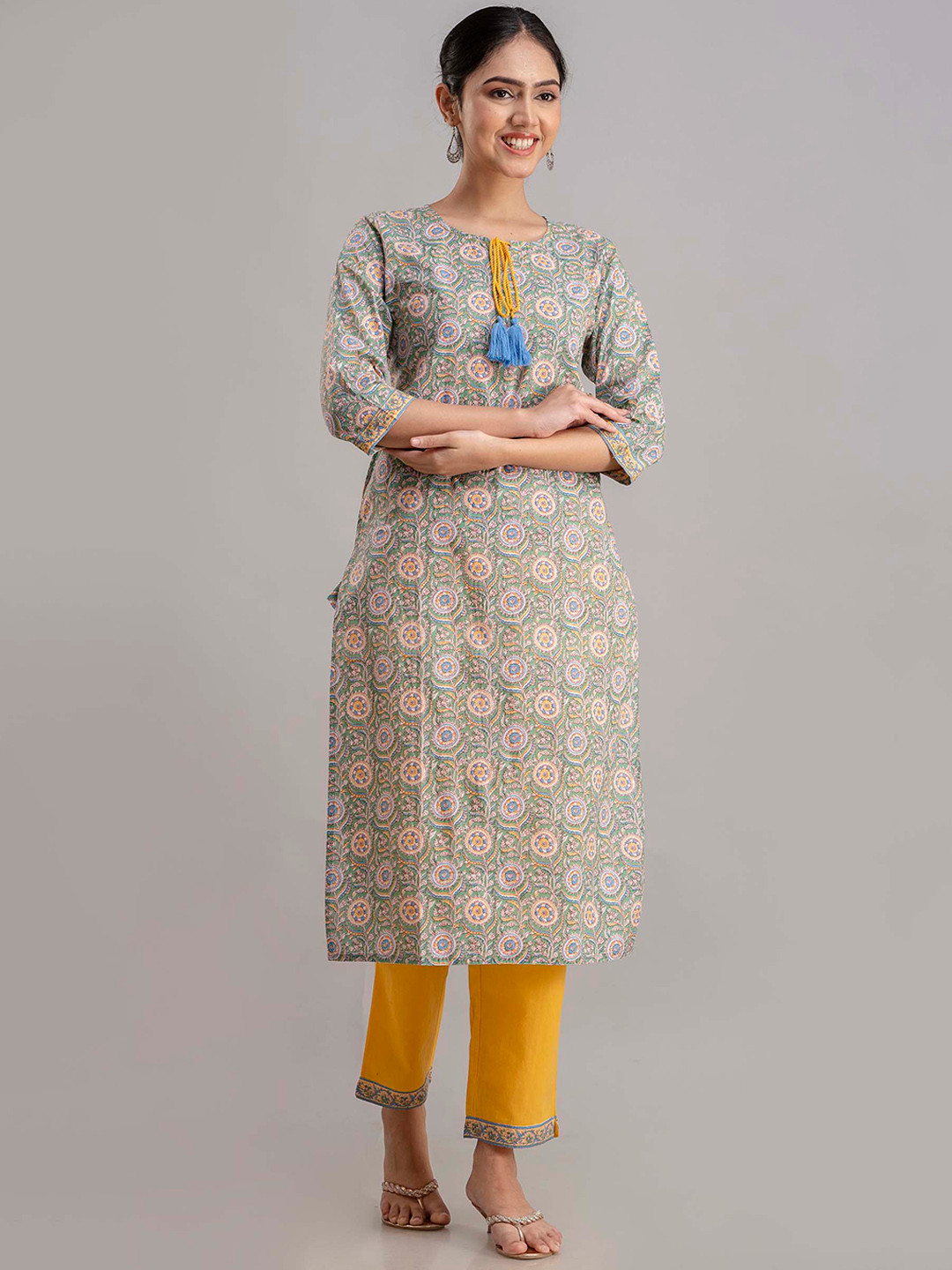 INDIAN KNOTS Floral Printed Tie Up Neck Pure Cotton Kurta With Trousers
