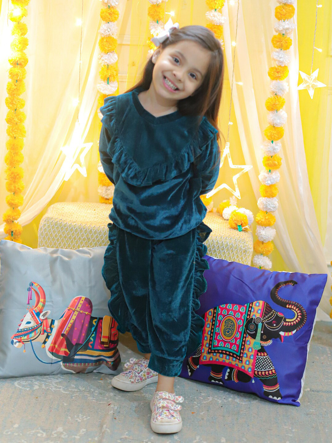 BownBee Girls Long Sleeves Velvet Ruffled Top & Jogger