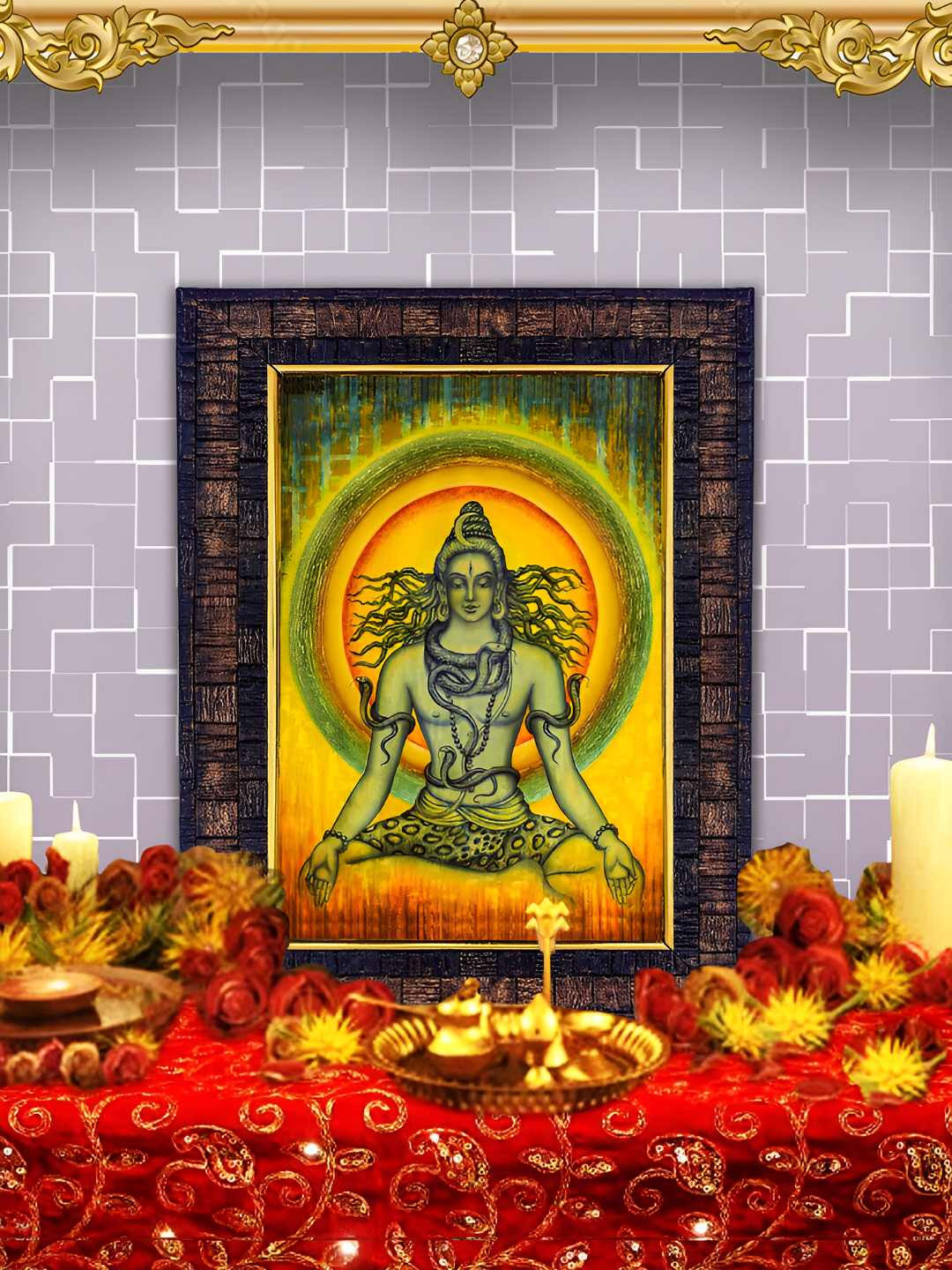 Hawai Black & Green Meditating Lord Shiva Rectangular Wooden Wall Photo Frame
