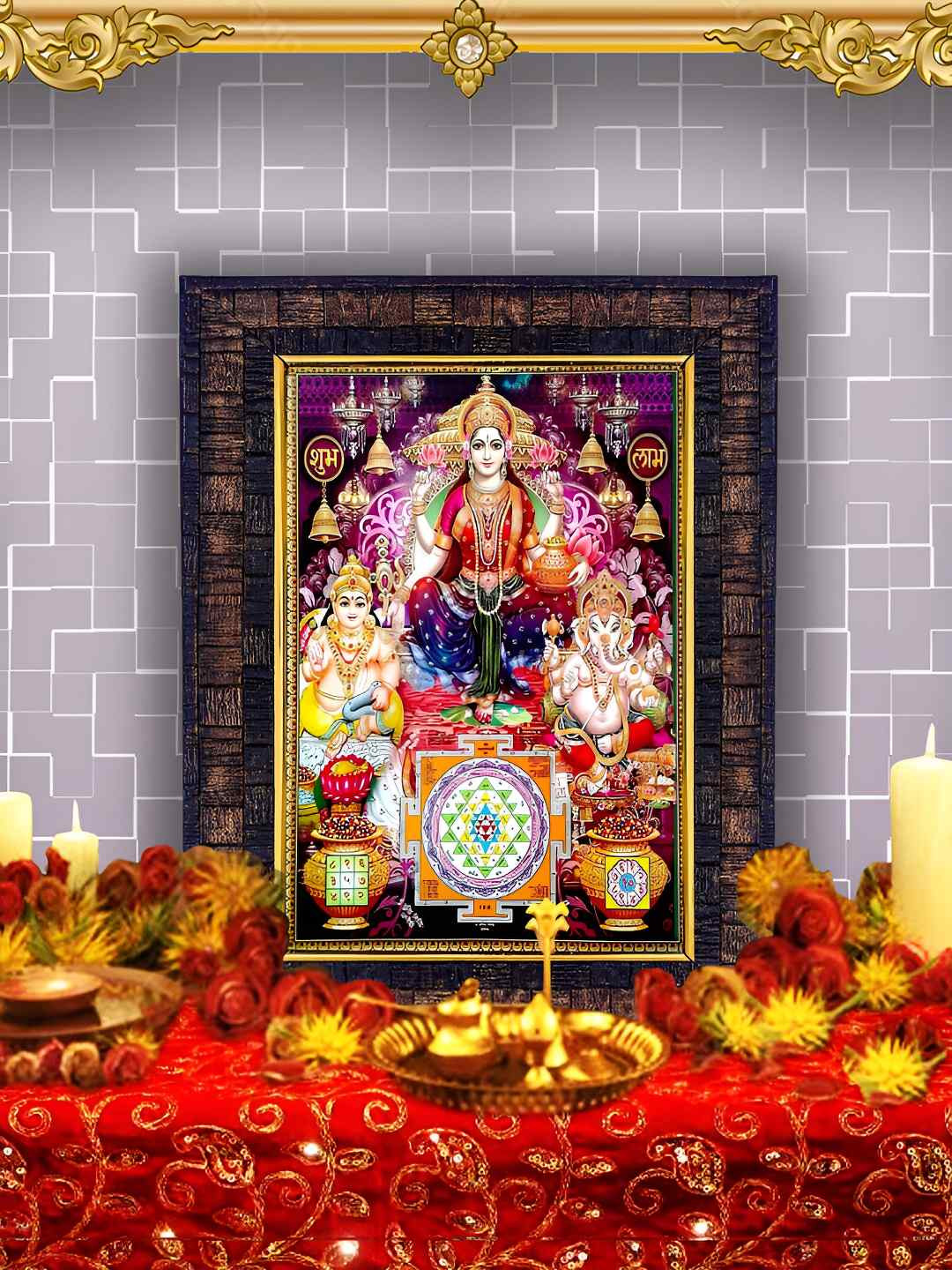 Hawai Black Self Design Rectangular Shree Ganesha Laxmi Kuber Wooden Wall Photo Frame