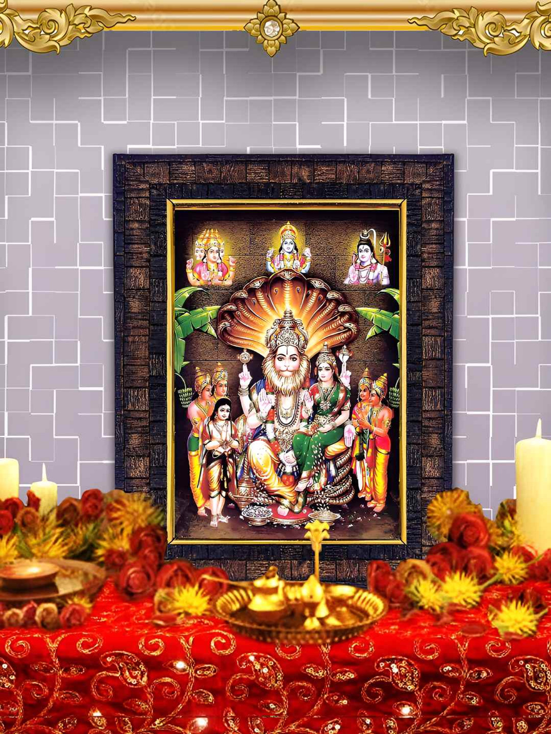 Hawai Black Lord Narsimha Dev Mata Lakshmi Rectangular Wooden Wall Photo Frame