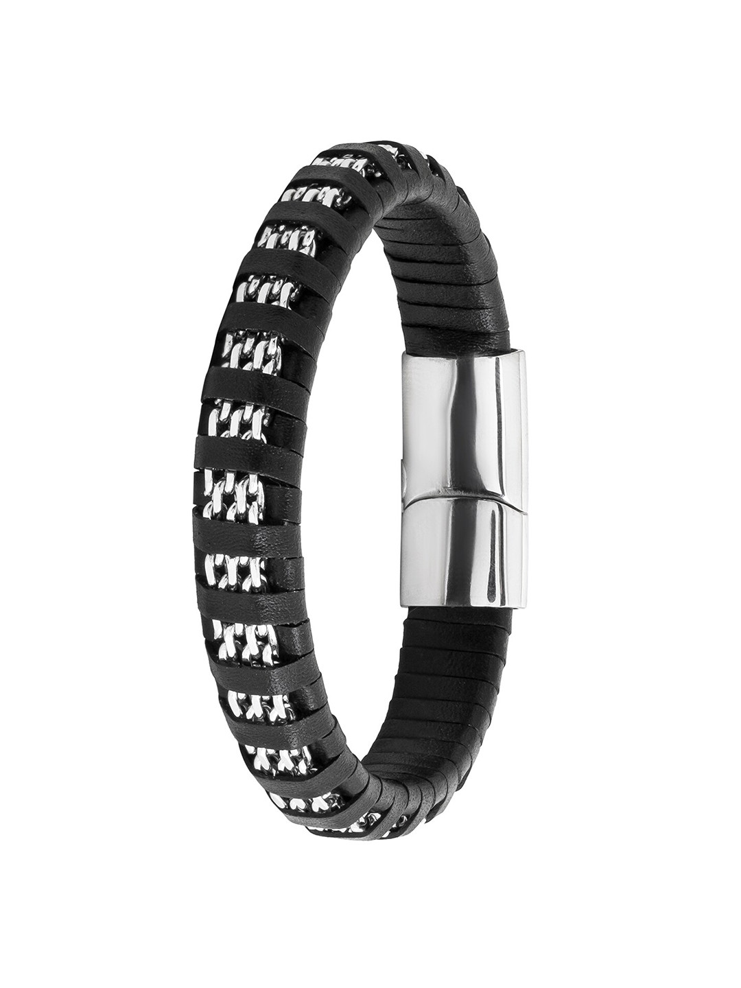 bodha Men Braided Leather Silver-Plated Wraparound Bracelet
