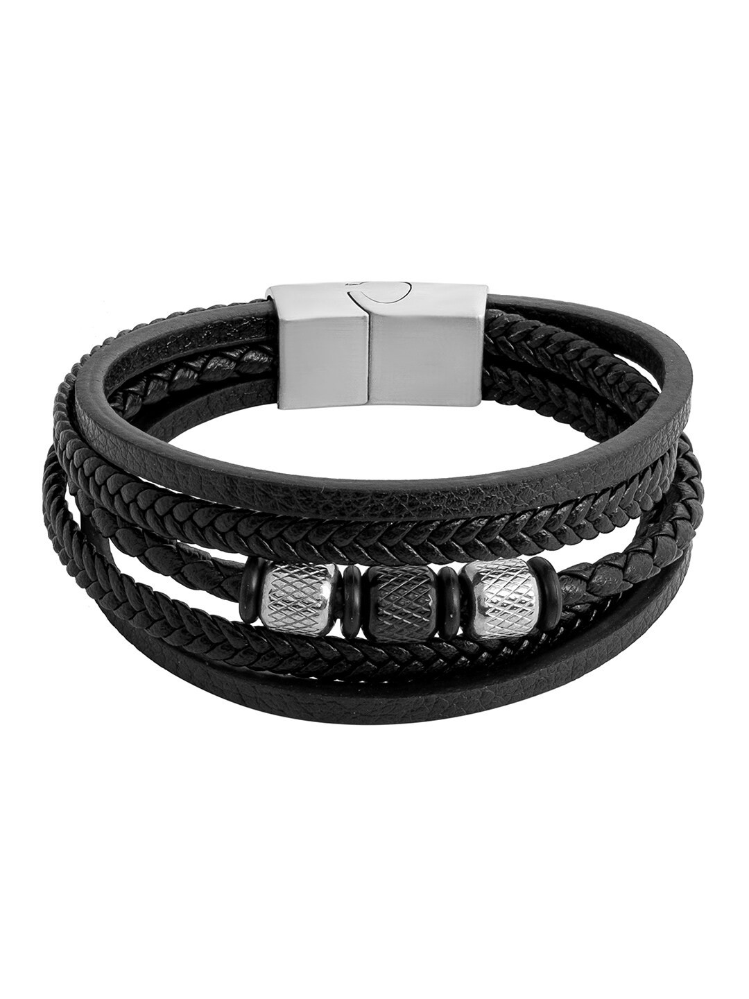 bodha Men Braided Design Stainless Steel Leather Wraparound Bracelet