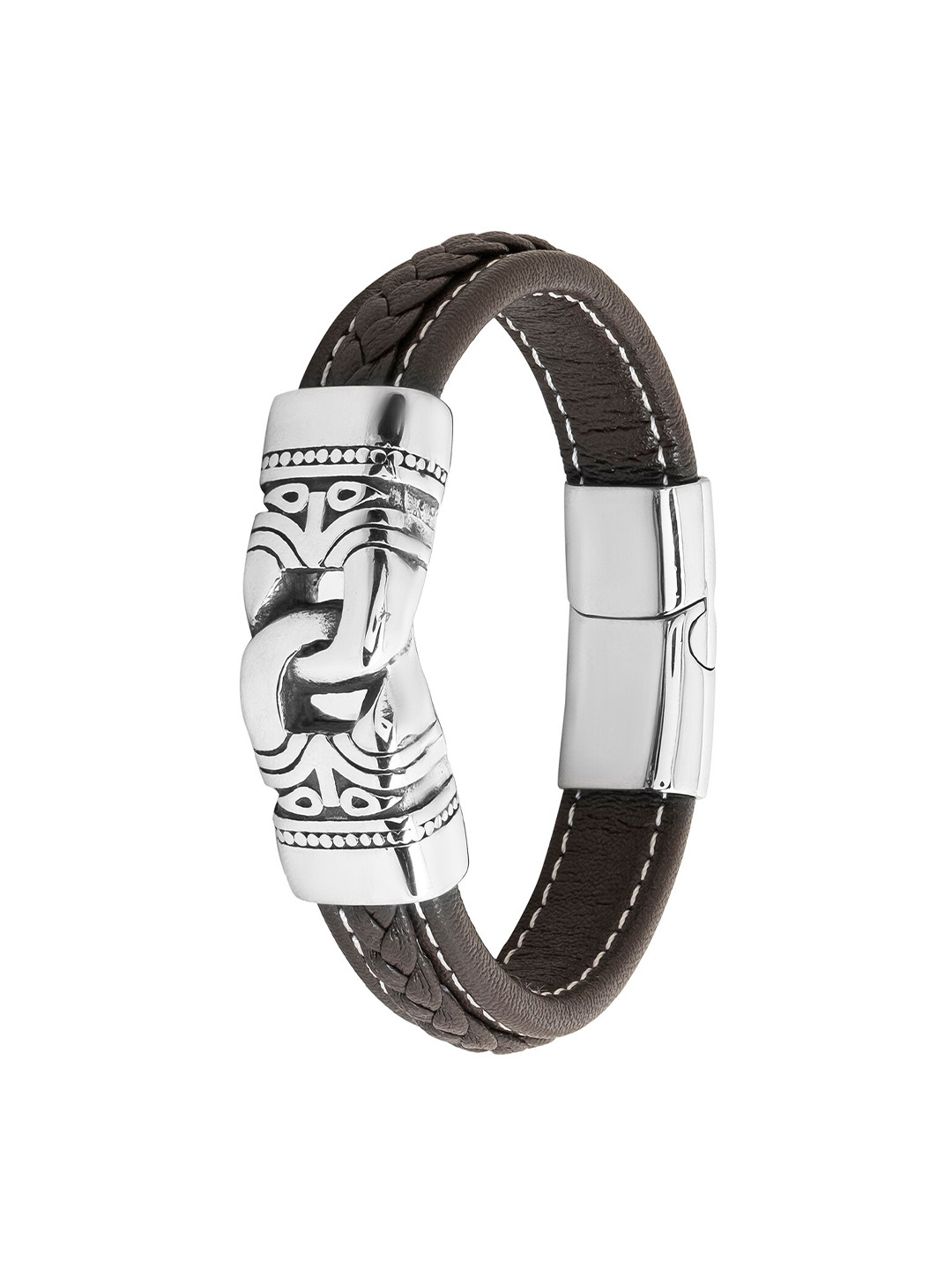 bodha Men Silver-Plated Stainless Steel Braided Leather Wraparound Bracelet