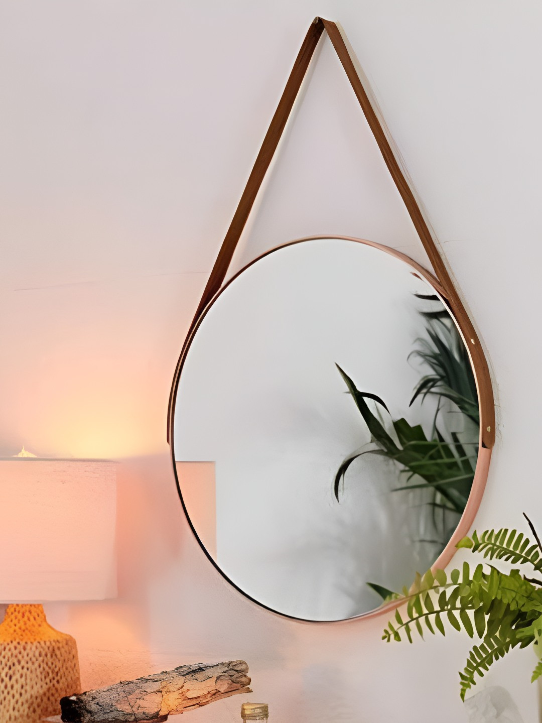 CasaGold Rose Gold & Brown Wall Hanging Round Mirror with Leather Belt
