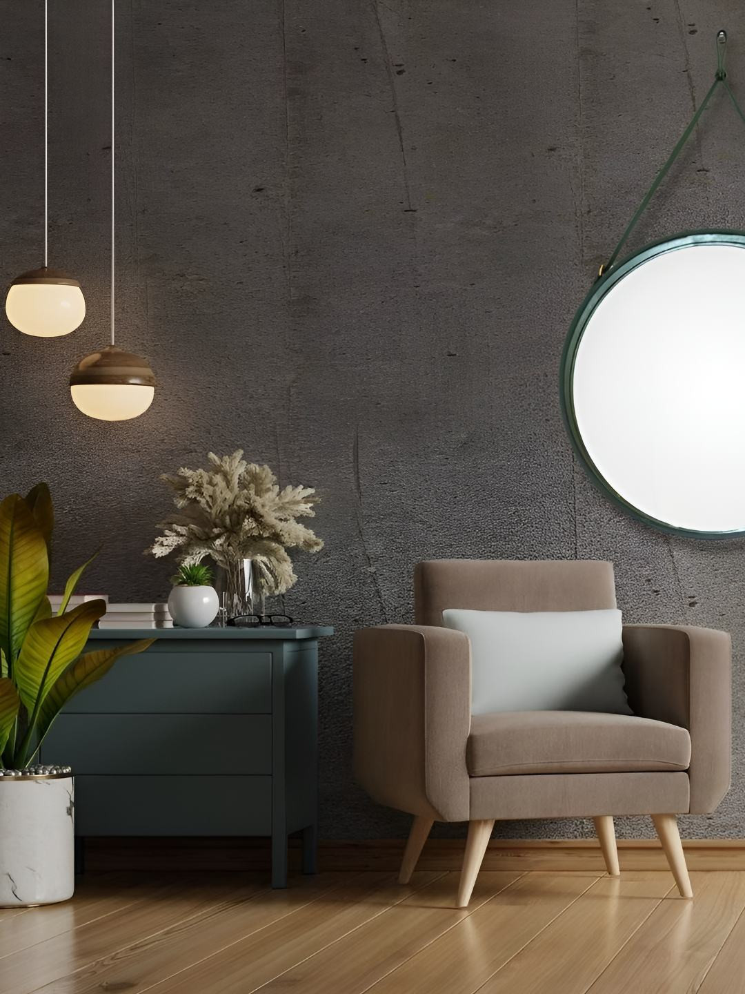 CasaGold Green & Grey Round Shaped Metal Framed With Leather Strap Bathroom Wall Mirror