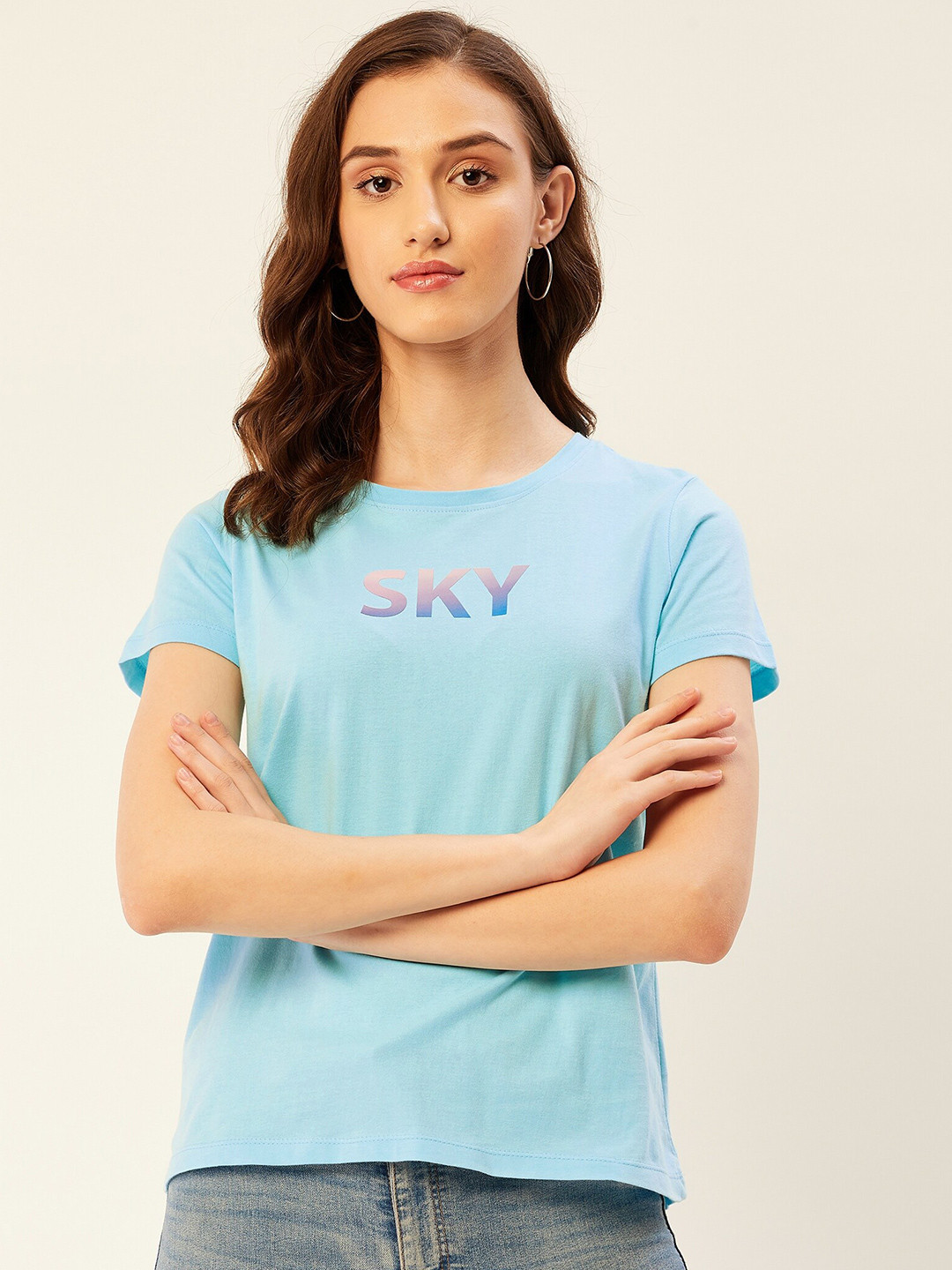 ether Blue Typography Printed Pure Cotton T-shirt