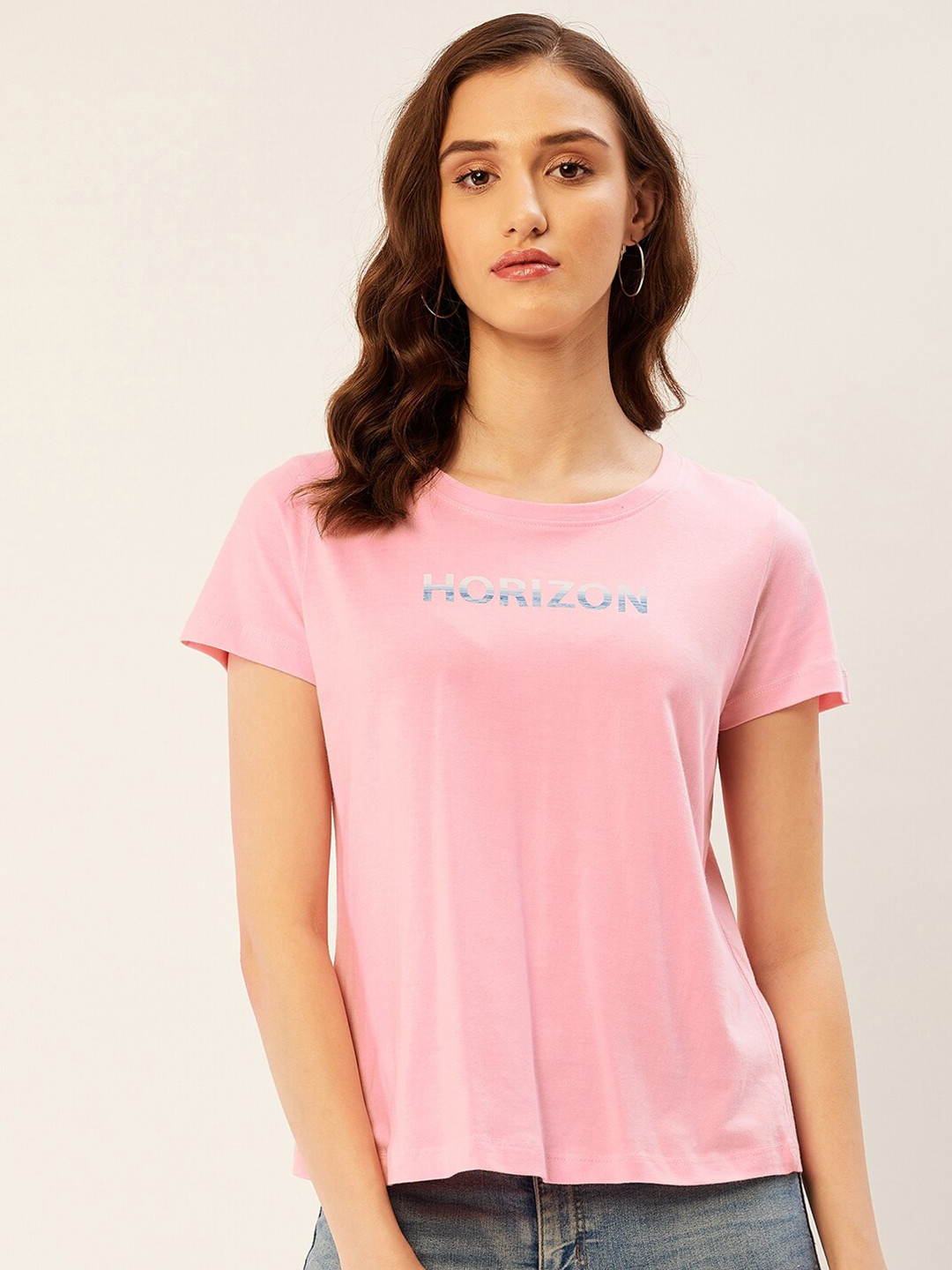 ether Pink Typography Printed Round Neck Short Sleeves Cotton Regular T-shirt