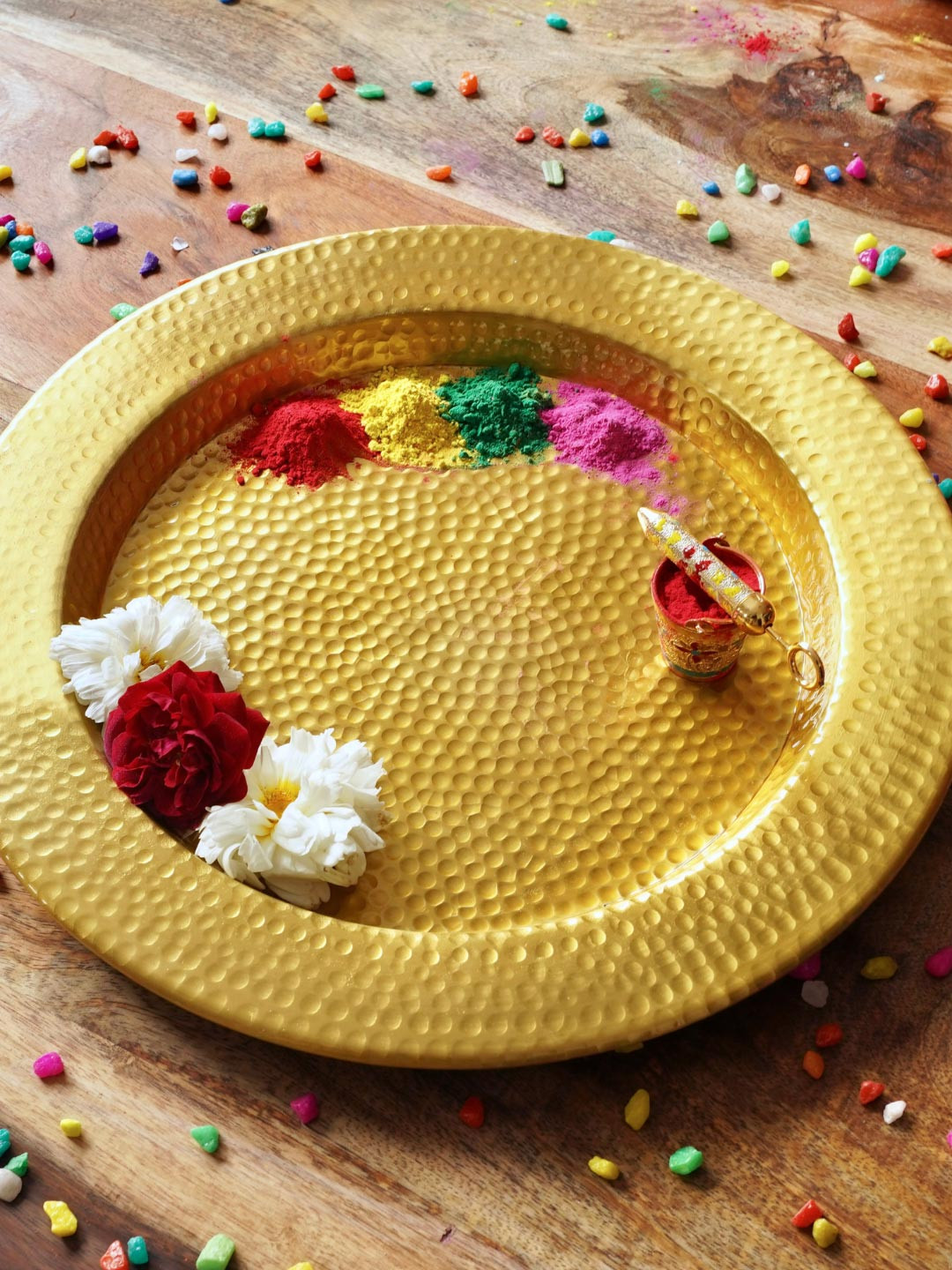 BEHOMA Gold-Toned Aluminium Round Hammered Puja Thalli Tray