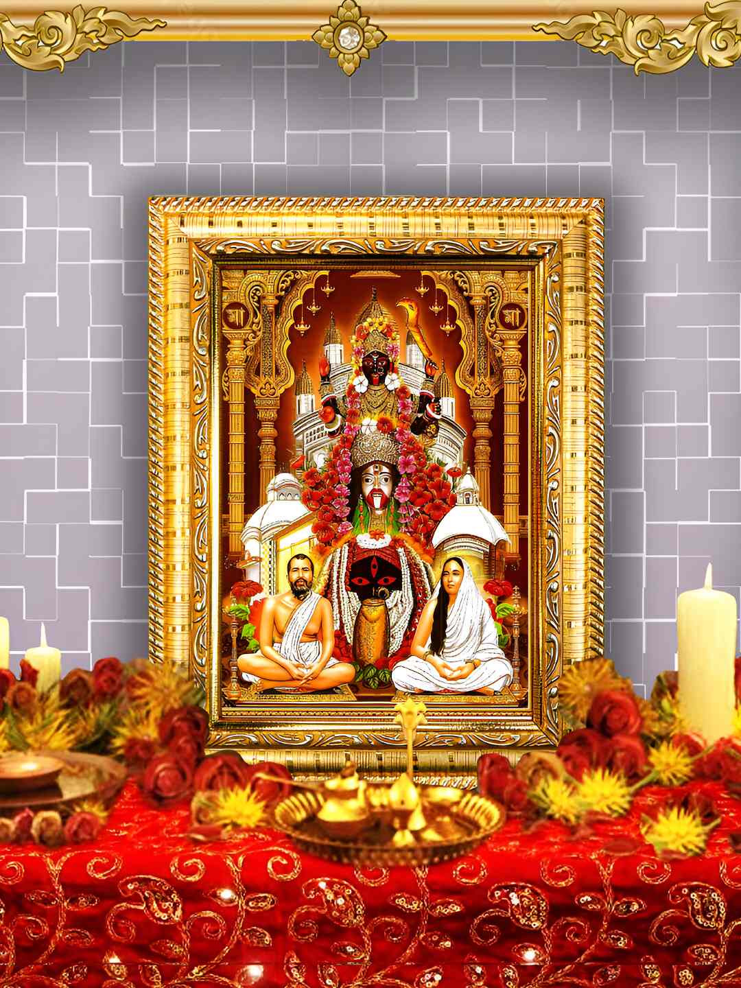 Hawai Gold Toned & Red Shree Ramkrishna Paramhans Maa Sarada Wooden Wall Photo Frames