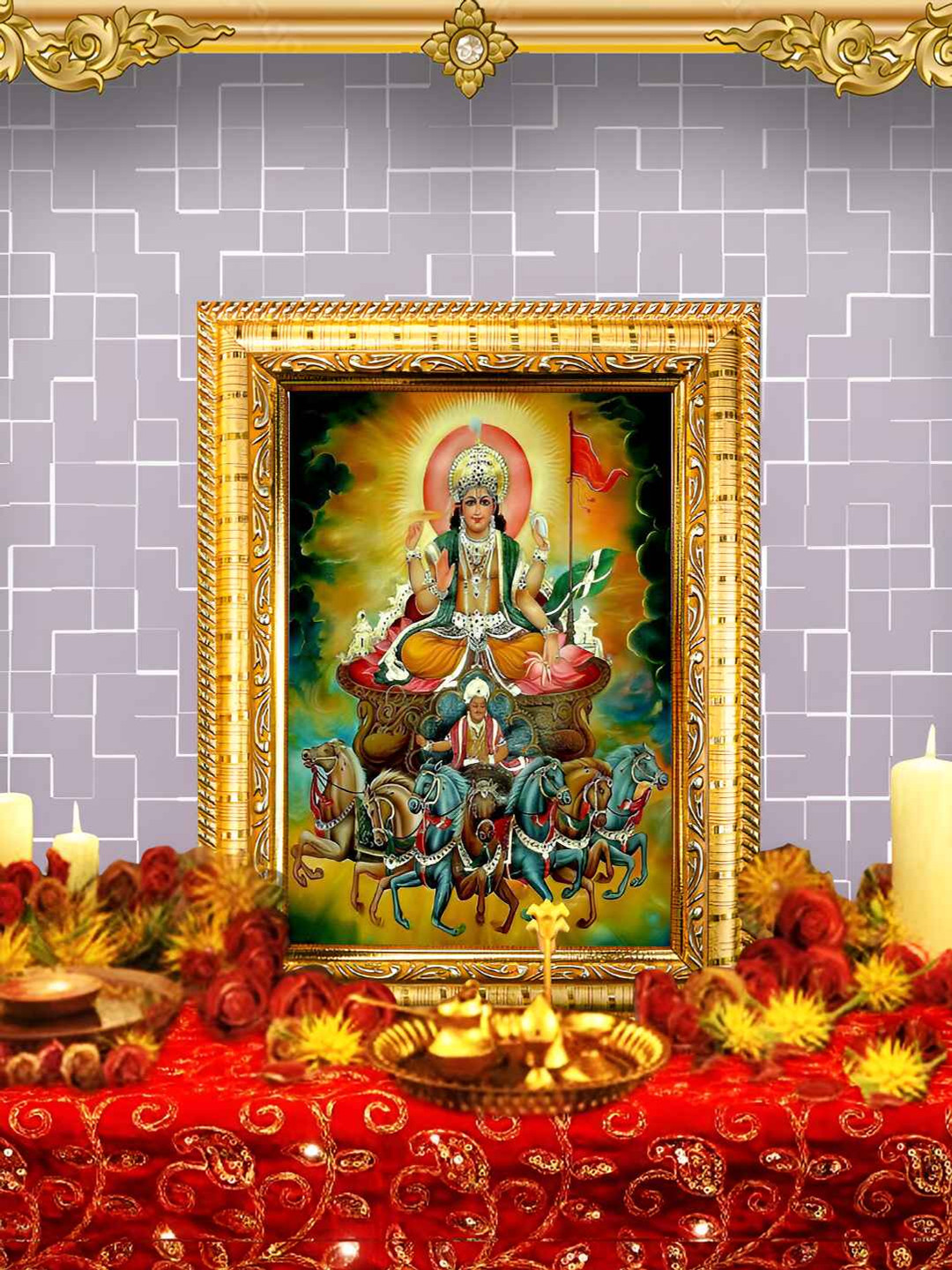 Hawai Gold Toned & Red Lord Surya Dev Wooden Rectangle Wall Photo Frame