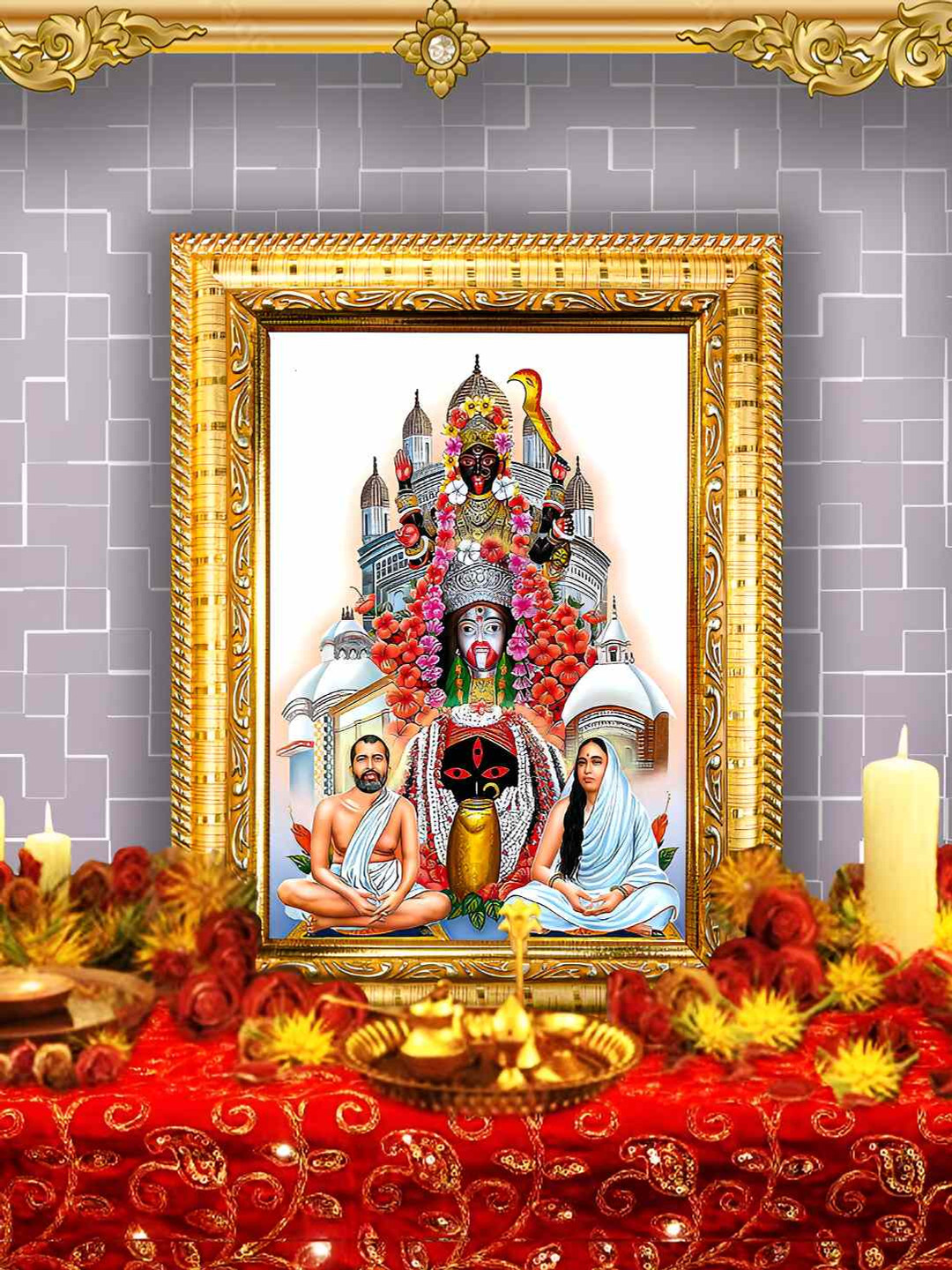 Hawai Gold Toned and white Shree Ramkrishna Paramhans Maa Sarada Wooden Rectangle Wall Photo Frame