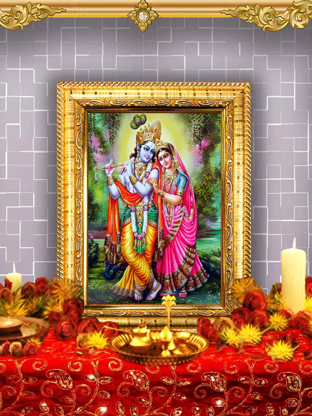 Hawai Gold-Toned Radha Krishna Designer Rectangular Wooden Wall Photo Frame