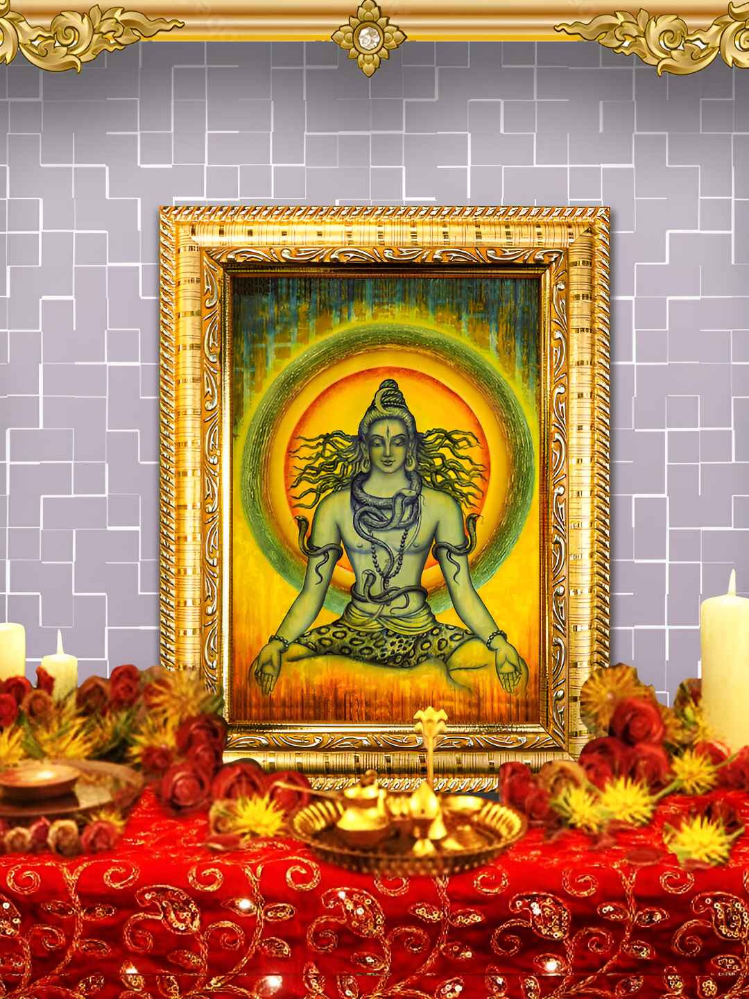 Hawai Gold-Toned Meditating Lord Shiva Rectangular Wooden Wall Photo Frame
