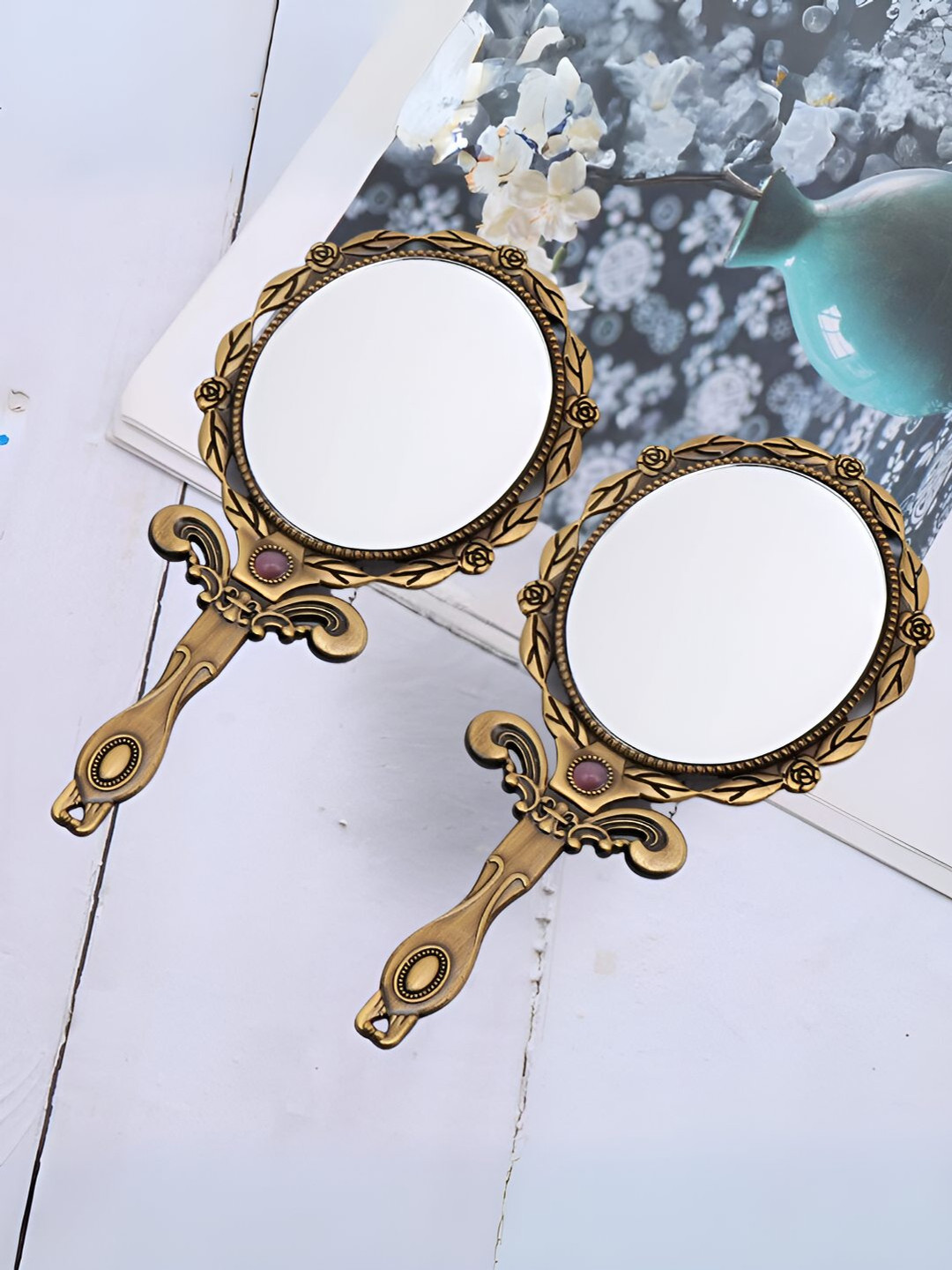 YELONA Bronze & Grey 2 Pieces Oval Shaped Vintage Folding Table Top Makeup Mirrors