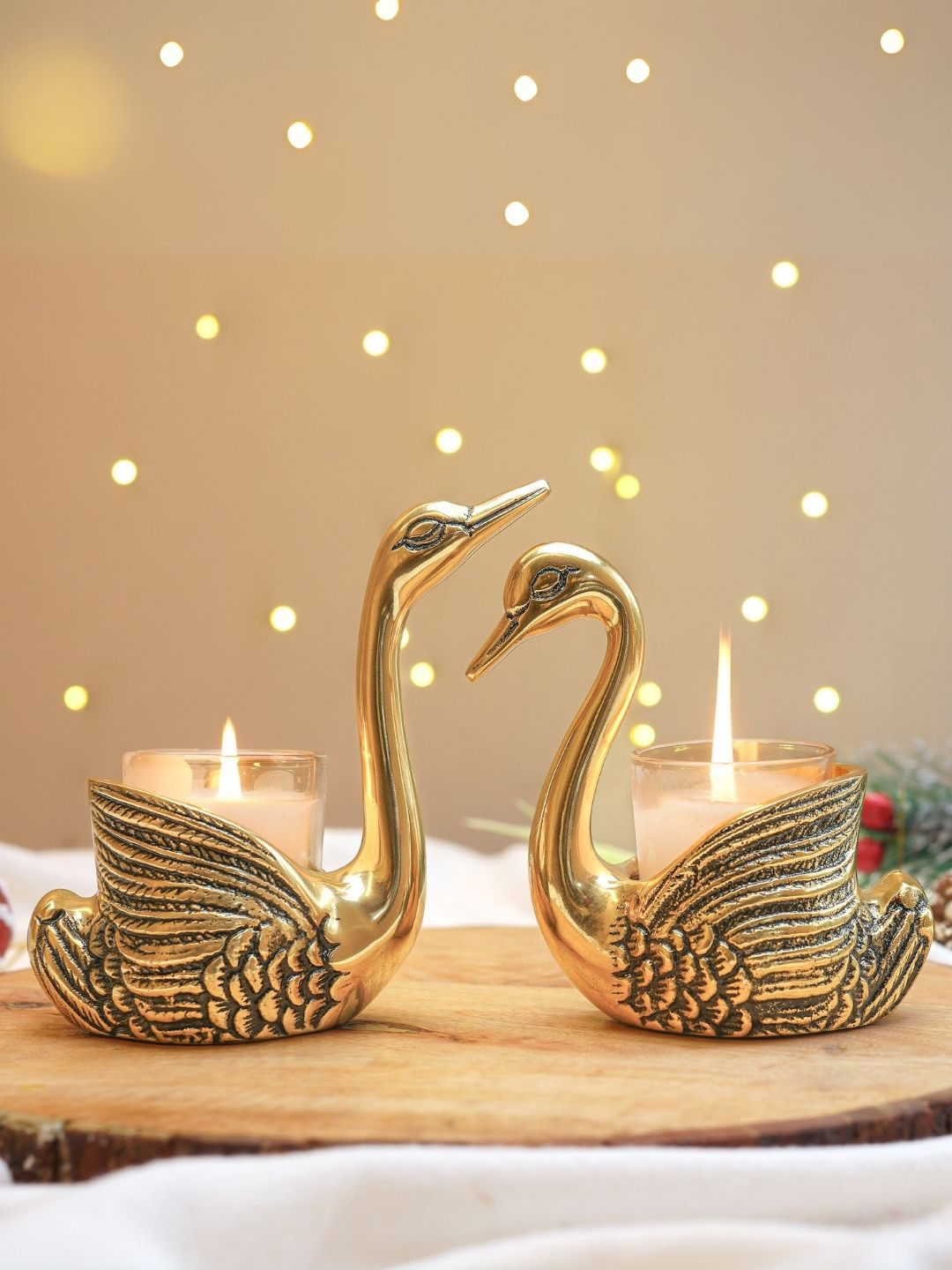 BEHOMA Pair of Swans Gold Aluminium Natural Living Room Lights Set of 2 Medium Showpieces - 0.8 Inches