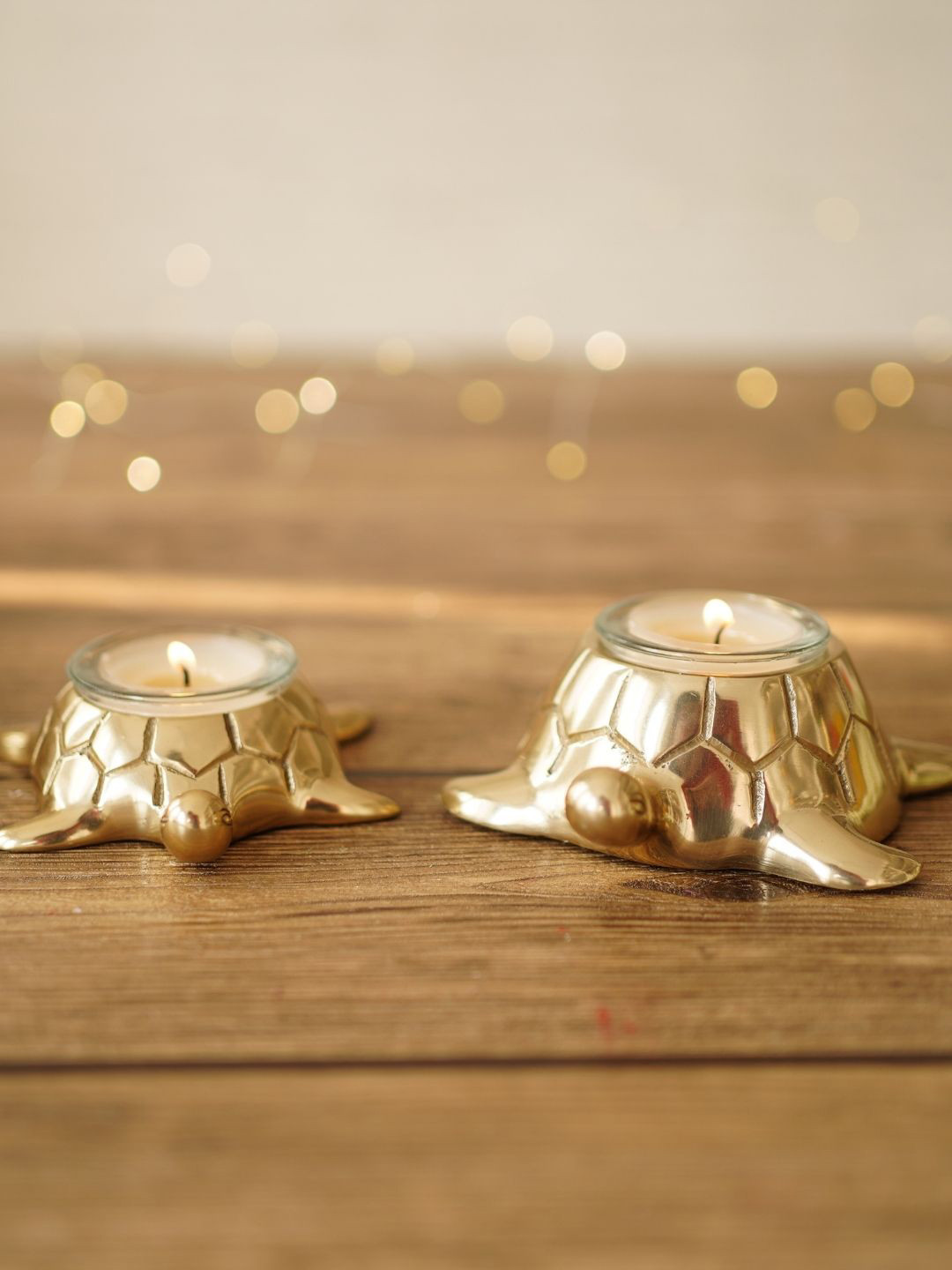 BEHOMA Accent Turtle Votive Holder Gold Aluminium Metallic Home Office Set of 2 Small Showpieces - 4.3 Inches