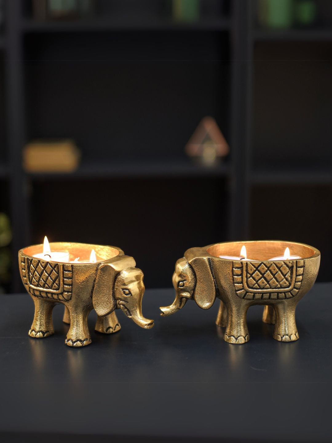 BEHOMA Elephant Gold Metal Metallic Living Room Lights Set of 2 Medium Showpieces - 3.1 Inches