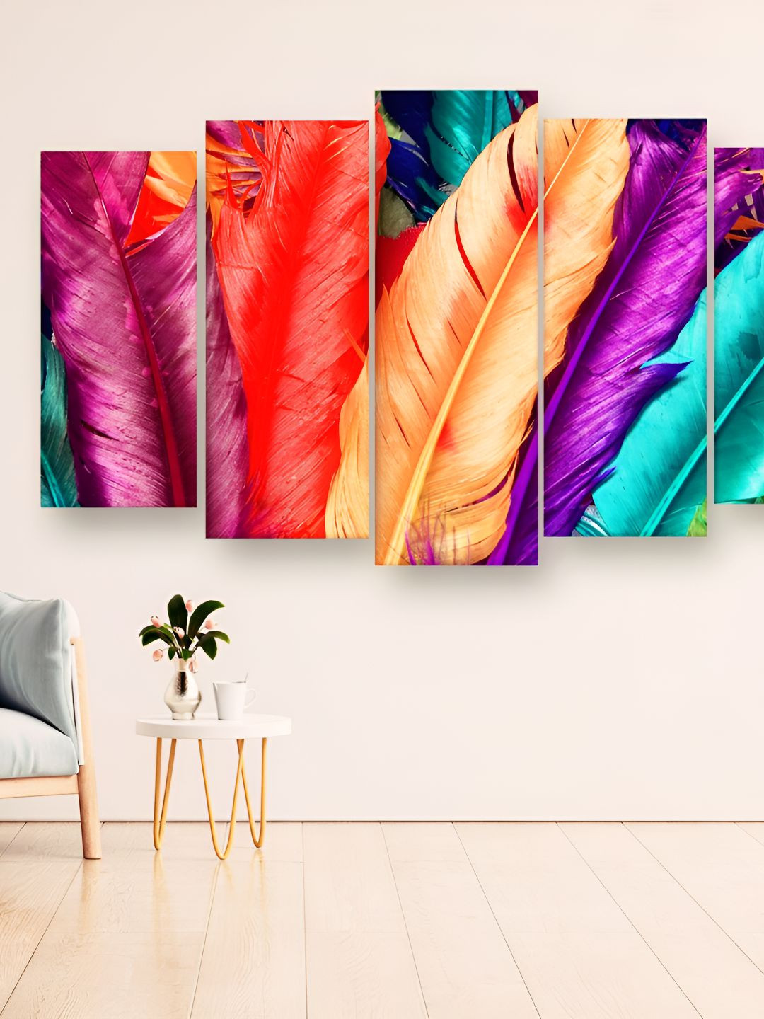 Casperme Pink & Brown 5 Pieces Wooden Feathers Wall Art