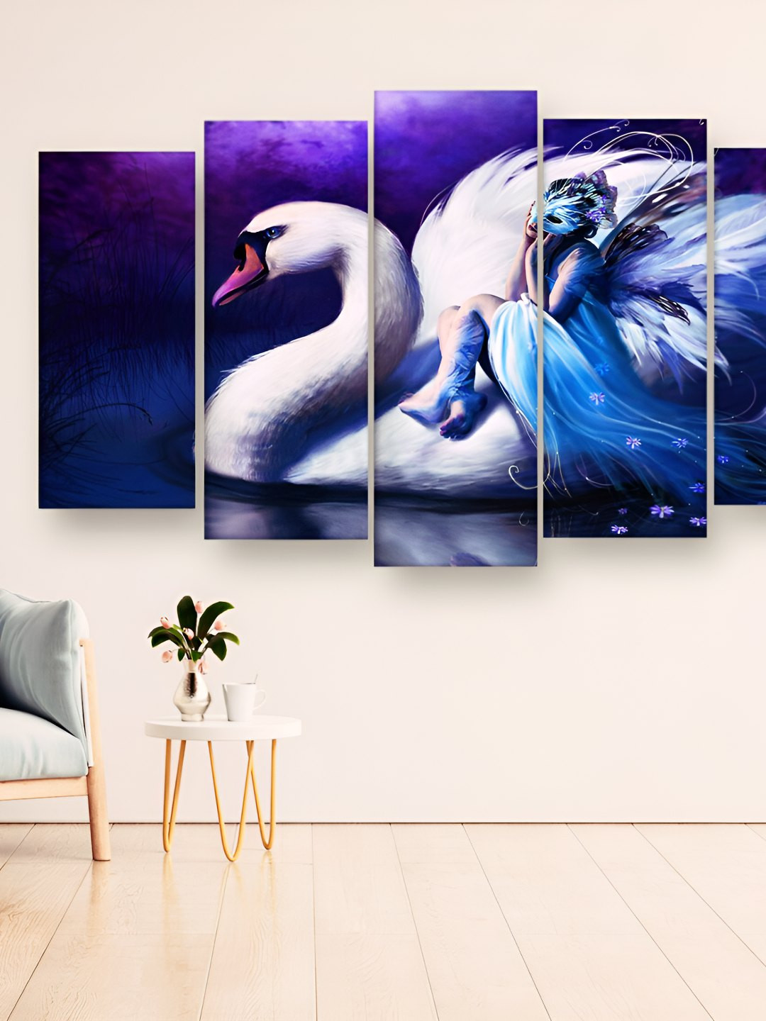 Casperme Blue & White 5 Pieces Swan Wooden Photographs Wall Art