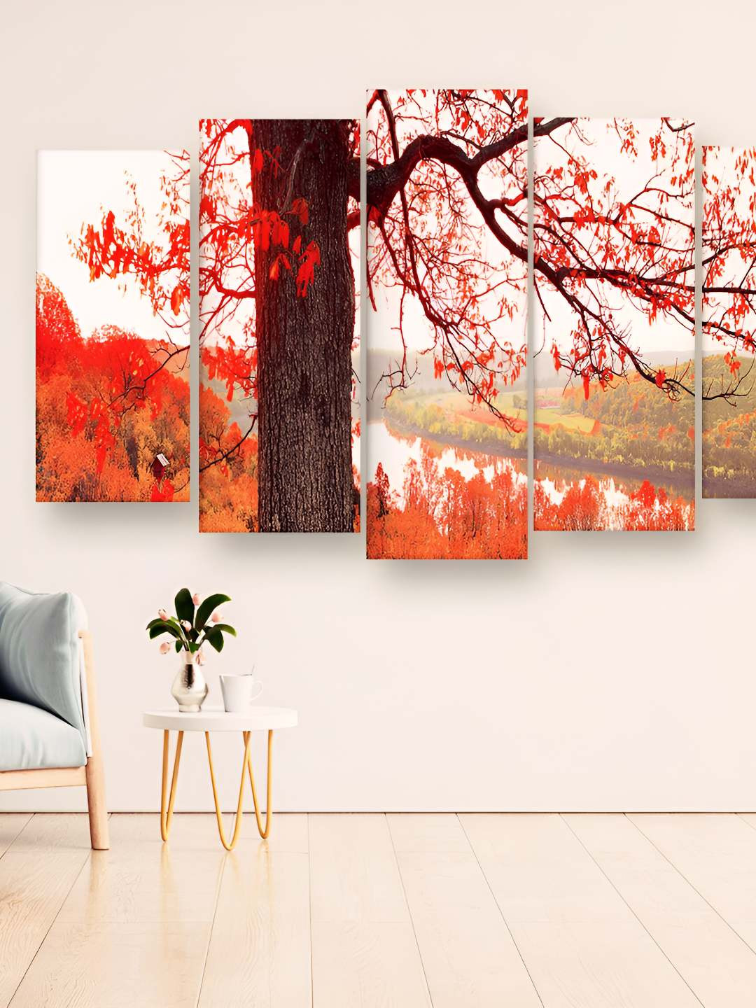 Casperme Orange and white 5 Pieces Floral Wooden Wall Painting