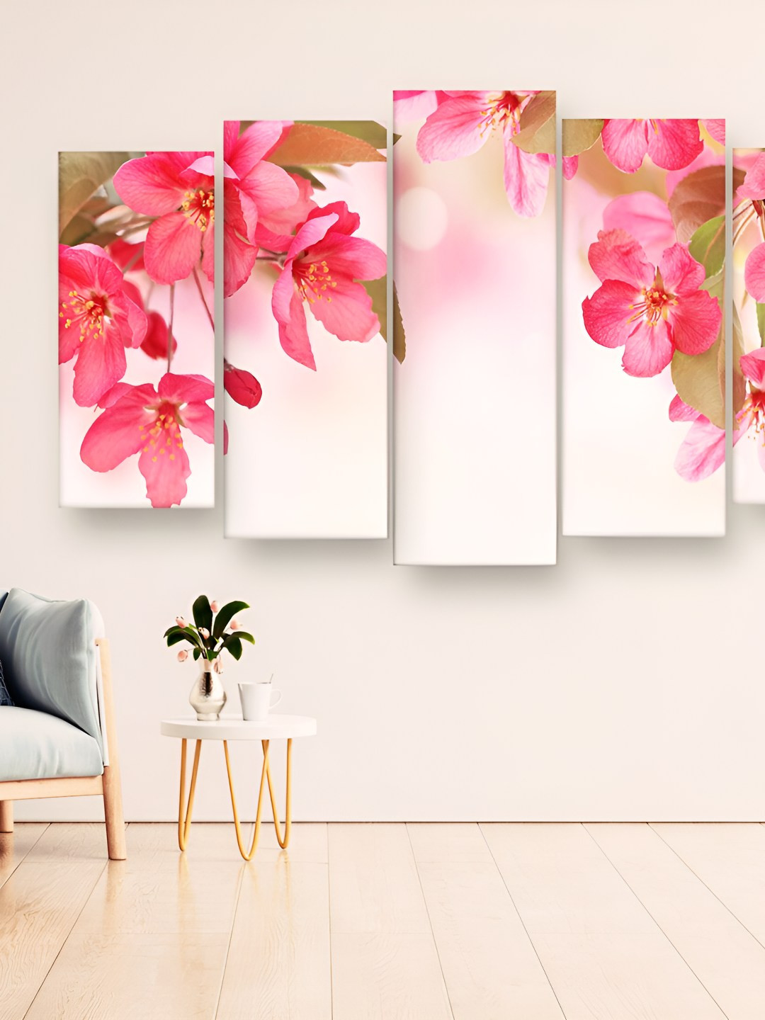 Casperme White & Pink 5 Pieces Floral Digital Print Framed Wall Painting